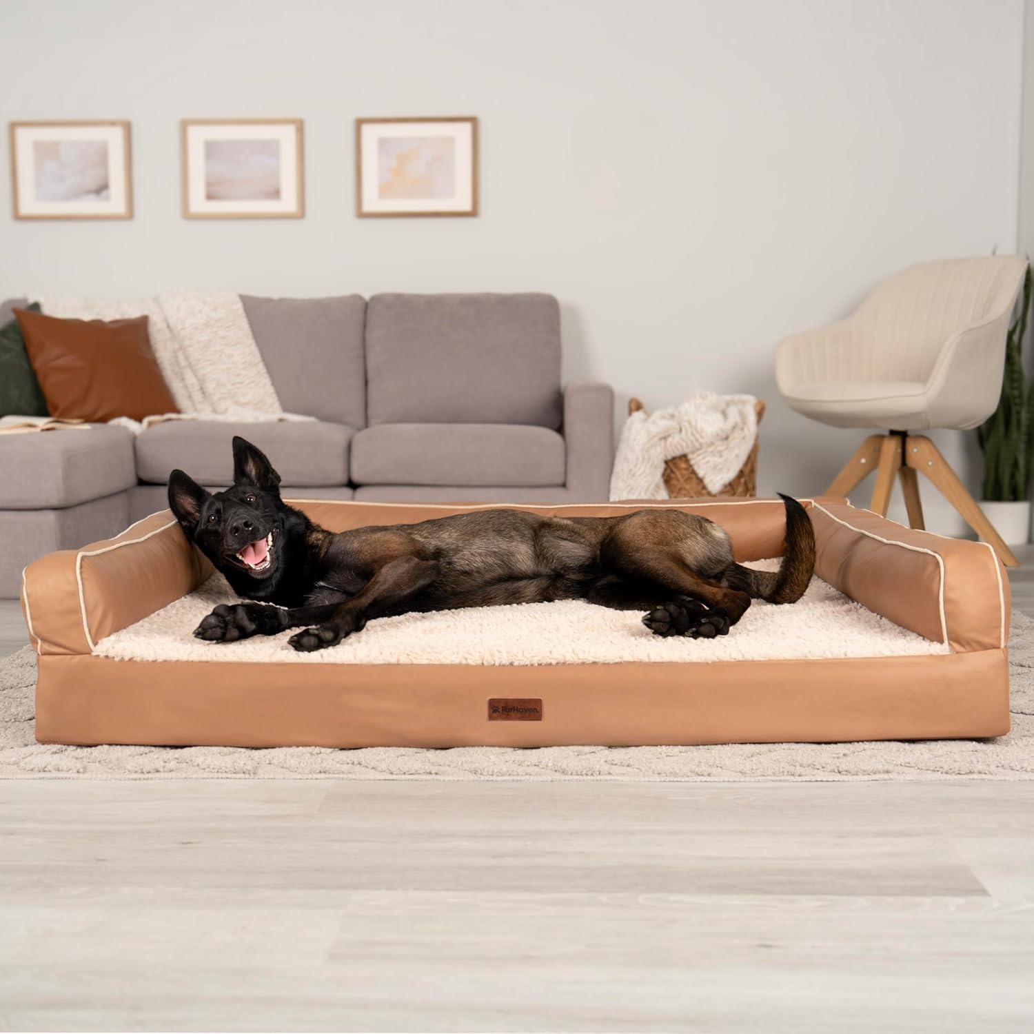 image:imageFurhaven Cooling Gel Dog Bed for Large Dogs w Removable Bolsters amp Washable Cover For Dogs Up to 95 lbs Luxe Faux Fur amp Performance Linen Sofa Charcoal JumboXLCamel