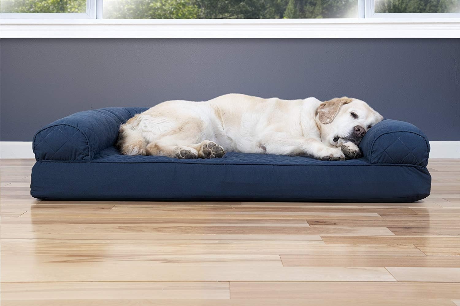 image:imageFurhaven Cooling Gel Dog Bed for Large Dogs w Removable Bolsters amp Washable Cover For Dogs Up to 95 lbs Luxe Faux Fur amp Performance Linen Sofa Charcoal JumboXLNavy Blue
