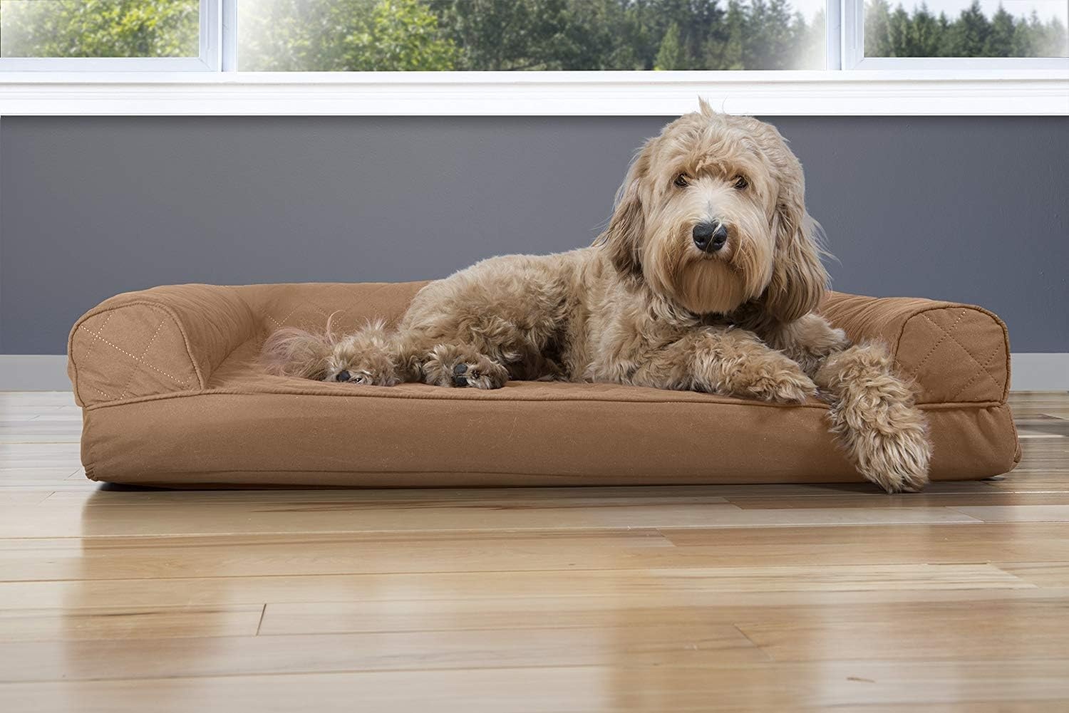 image:imageFurhaven Cooling Gel Dog Bed for Large Dogs w Removable Bolsters amp Washable Cover For Dogs Up to 95 lbs Luxe Faux Fur amp Performance Linen Sofa Charcoal JumboXLToasted Brown