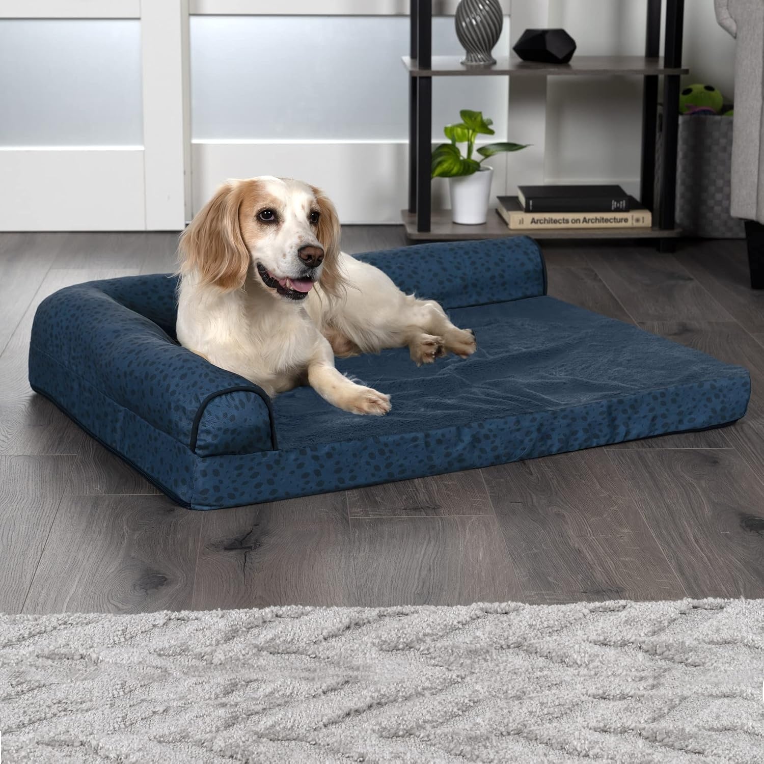 image:imageFurhaven Memory Foam Dog Bed for Large Dogs w Removable Bolsters amp Washable Cover For Dogs Up to 95 lbs TwoTone Plush Faux Fur amp Suede L Shaped Chaise Stone Gray JumboXLPlush Almond Print Blue Almonds