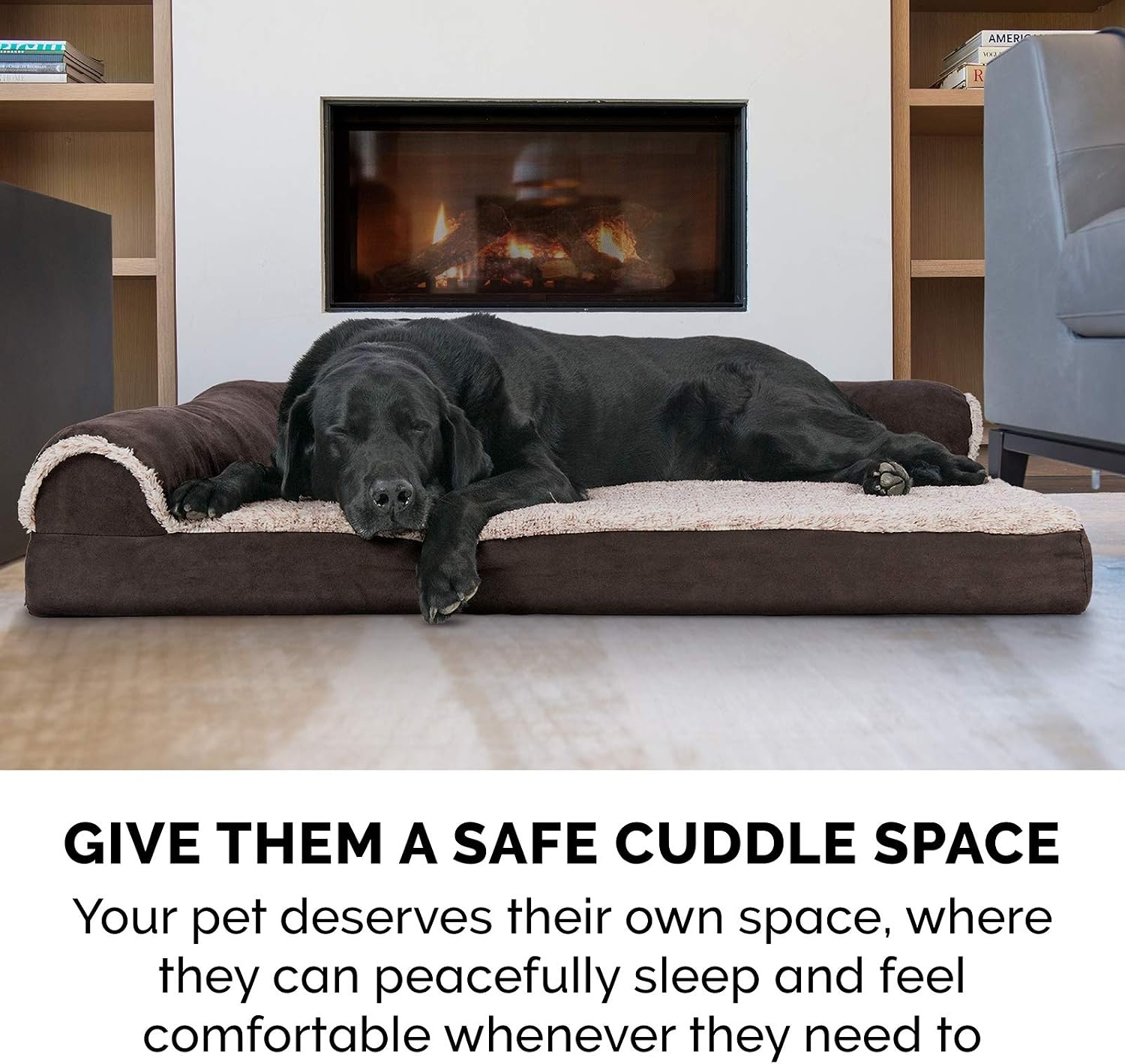 image:imageFurhaven Memory Foam Dog Bed for Large Dogs w Removable Bolsters amp Washable Cover For Dogs Up to 95 lbs TwoTone Plush Faux Fur amp Suede L Shaped Chaise Stone Gray JumboXLPlush Velvet Deep Sapphire