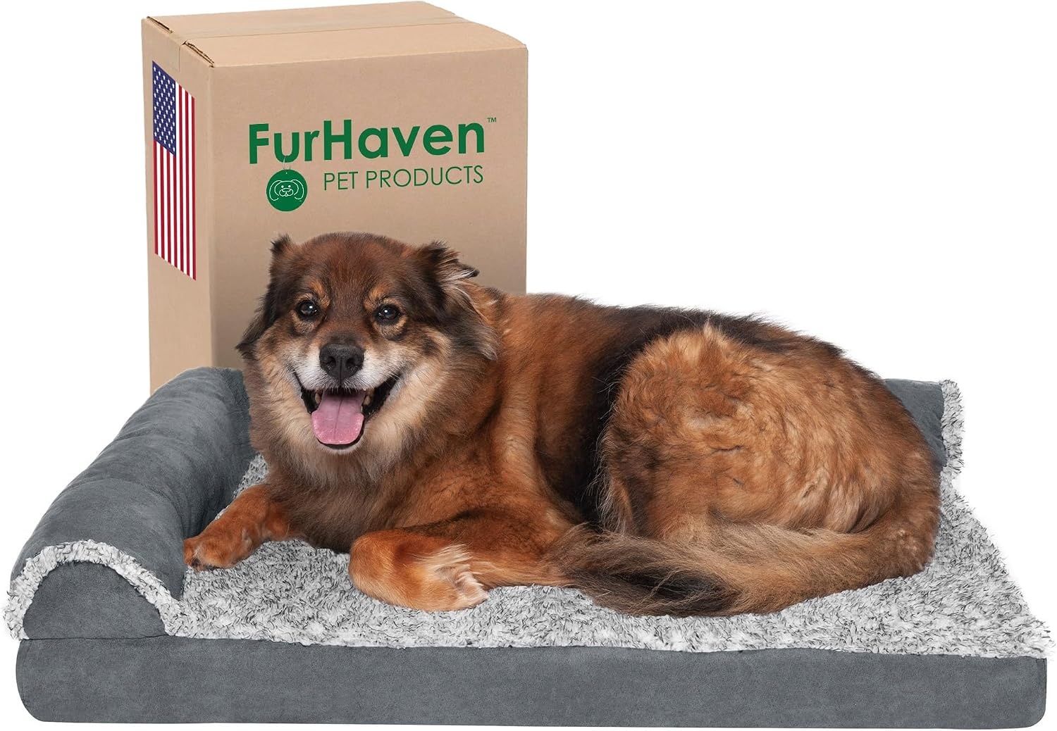 image:imageFurhaven Memory Foam Dog Bed for Large Dogs w Removable Bolsters amp Washable Cover For Dogs Up to 95 lbs TwoTone Plush Faux Fur amp Suede L Shaped Chaise Stone Gray JumboXLTwoTone Faux Fur Suede Stone Gray