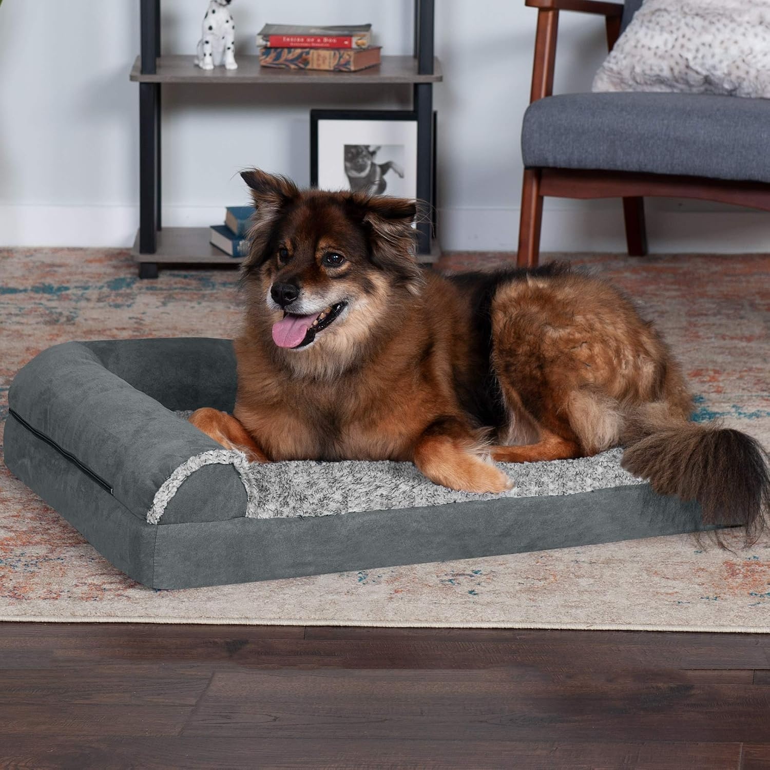 image:imageFurhaven Memory Foam Dog Bed for Large Dogs w Removable Bolsters amp Washable Cover For Dogs Up to 95 lbs TwoTone Plush Faux Fur amp Suede L Shaped Chaise Stone Gray JumboXLTwoTone Faux Fur Suede Stone Gray