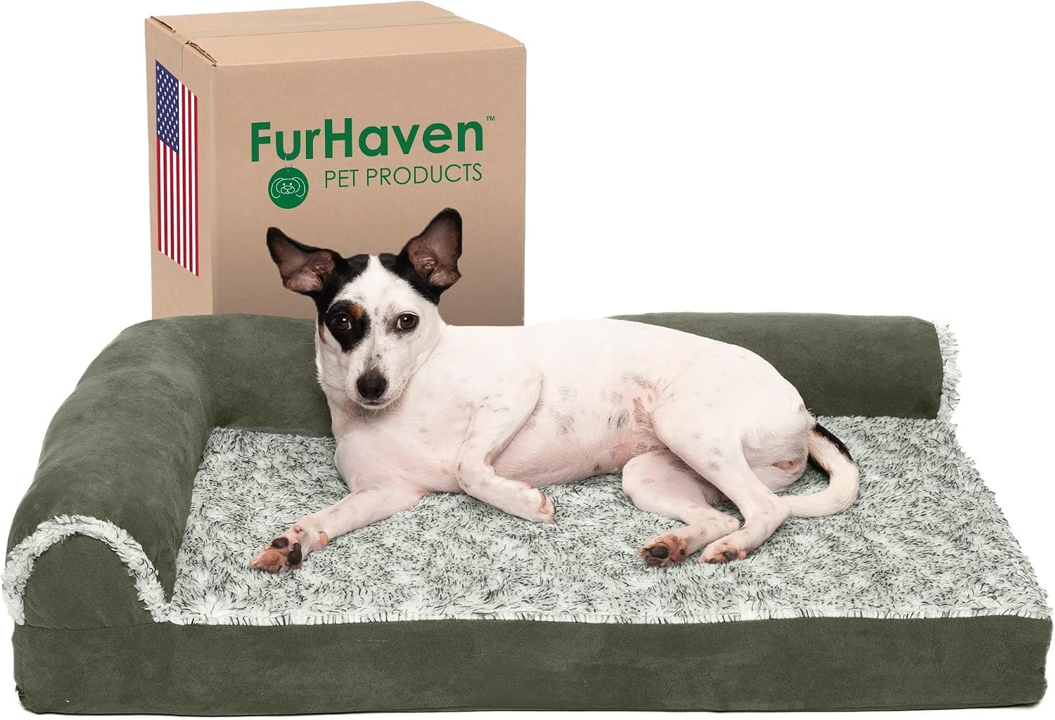 image:imageFurhaven Memory Foam Dog Bed for Large Dogs w Removable Bolsters amp Washable Cover For Dogs Up to 95 lbs TwoTone Plush Faux Fur amp Suede L Shaped Chaise Stone Gray JumboXLTwoTone Faux Fur Suede Dark Sage