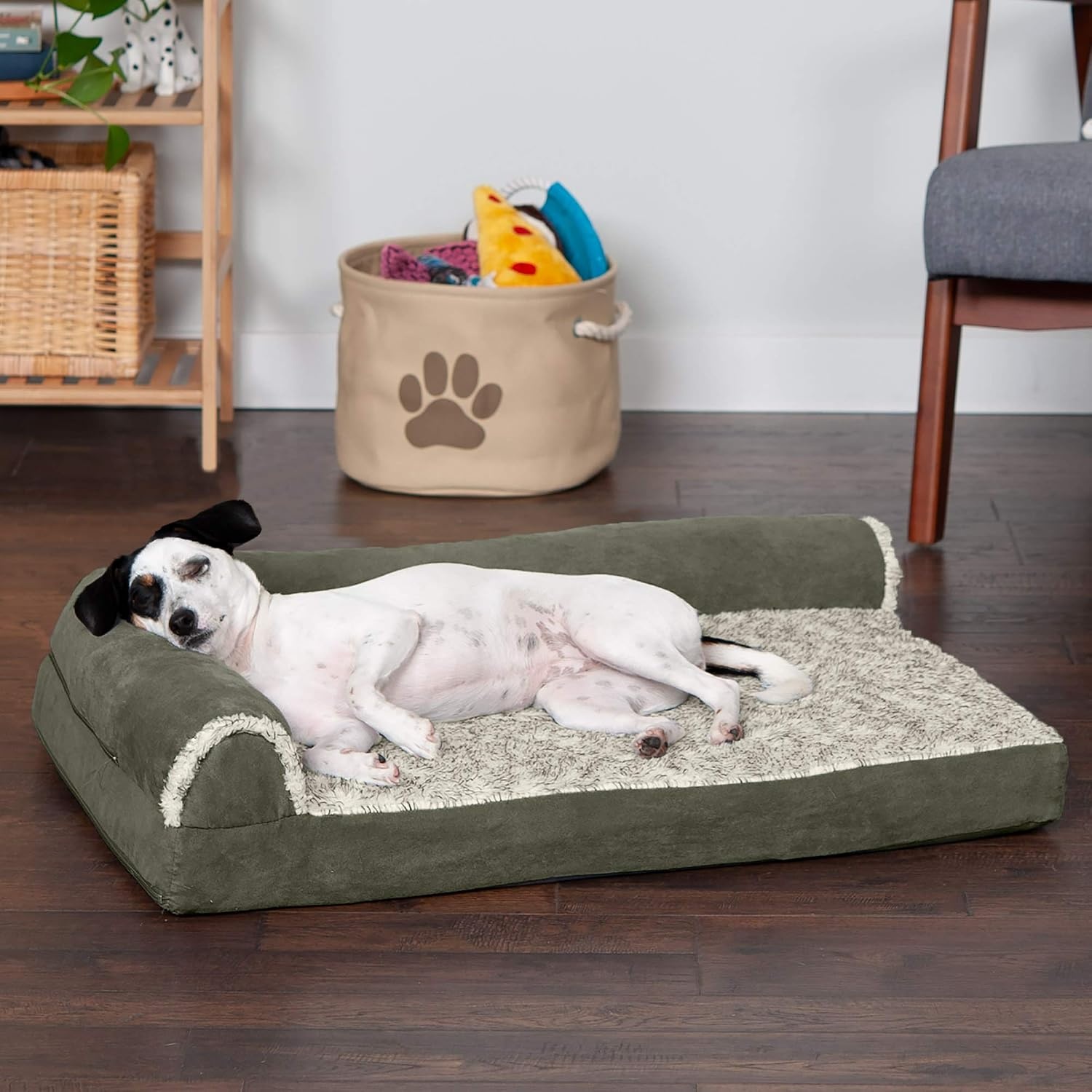 image:imageFurhaven Memory Foam Dog Bed for Large Dogs w Removable Bolsters amp Washable Cover For Dogs Up to 95 lbs TwoTone Plush Faux Fur amp Suede L Shaped Chaise Stone Gray JumboXLTwoTone Faux Fur Suede Dark Sage