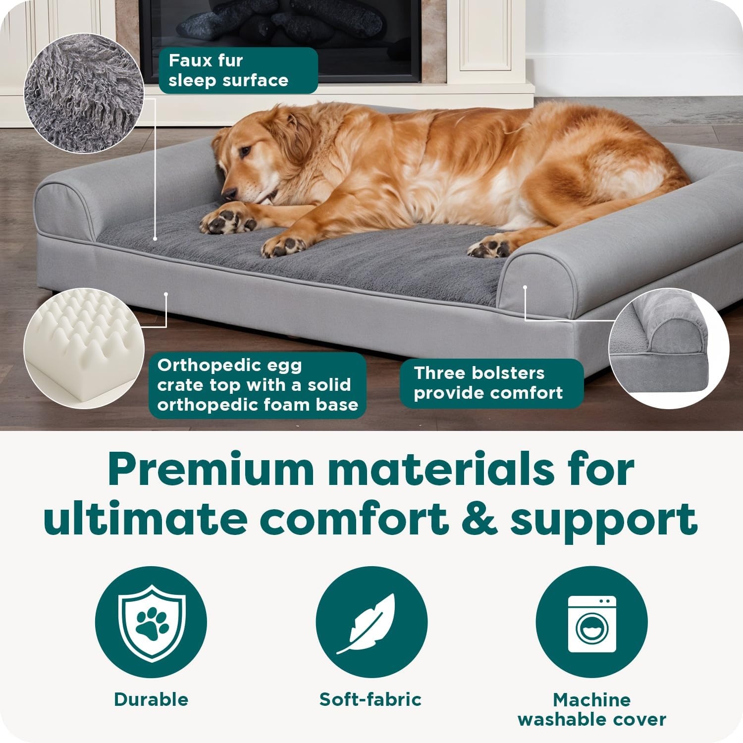 image:imageFurhaven Orthopedic Dog Bed for Large Dogs w Removable Bolsters amp Washable Cover For Dogs Up to 95 lbs Quilted Sofa Navy Blue JumboXLDark Sage