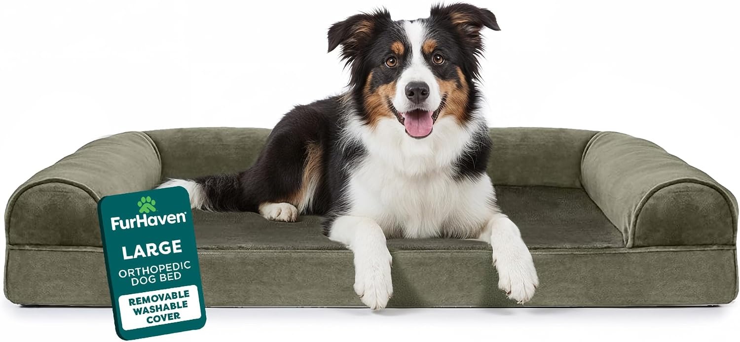 image:imageFurhaven Orthopedic Dog Bed for Large Dogs w Removable Bolsters amp Washable Cover For Dogs Up to 95 lbs Quilted Sofa Navy Blue JumboXLDark Sage