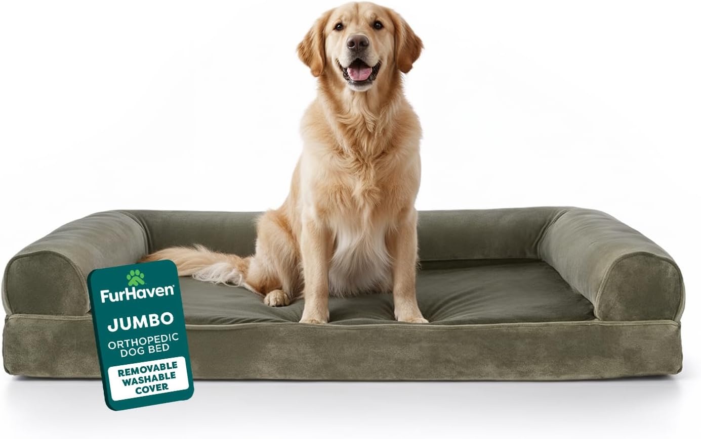 image:imageFurhaven Orthopedic Dog Bed for Large Dogs w Removable Bolsters amp Washable Cover For Dogs Up to 95 lbs Quilted Sofa Navy Blue JumboXLDark Sage
