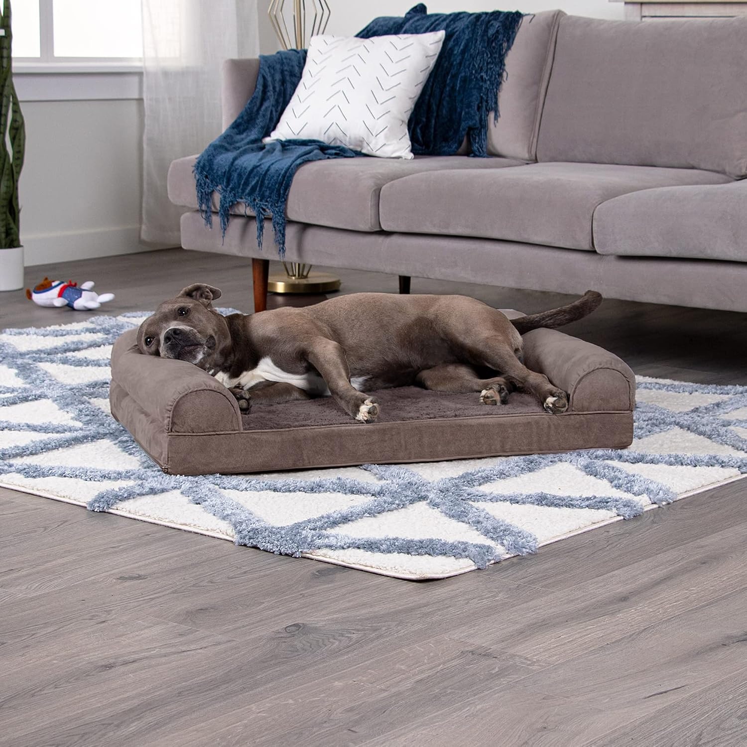 image:imageFurhaven Orthopedic Dog Bed for Large Dogs w Removable Bolsters amp Washable Cover For Dogs Up to 95 lbs Quilted Sofa Navy Blue JumboXLDriftwood Brown