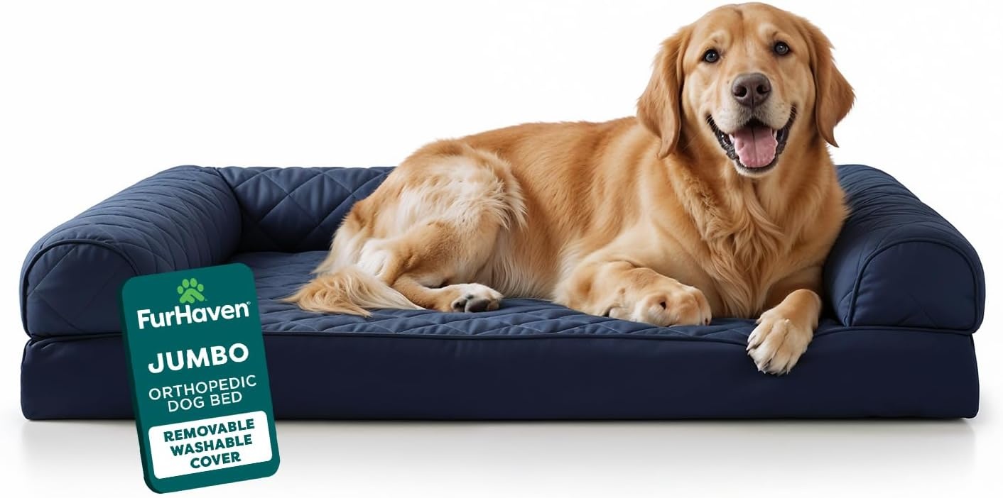 image:imageFurhaven Orthopedic Dog Bed for Large Dogs w Removable Bolsters amp Washable Cover For Dogs Up to 95 lbs Quilted Sofa Navy Blue JumboXLNavy Blue