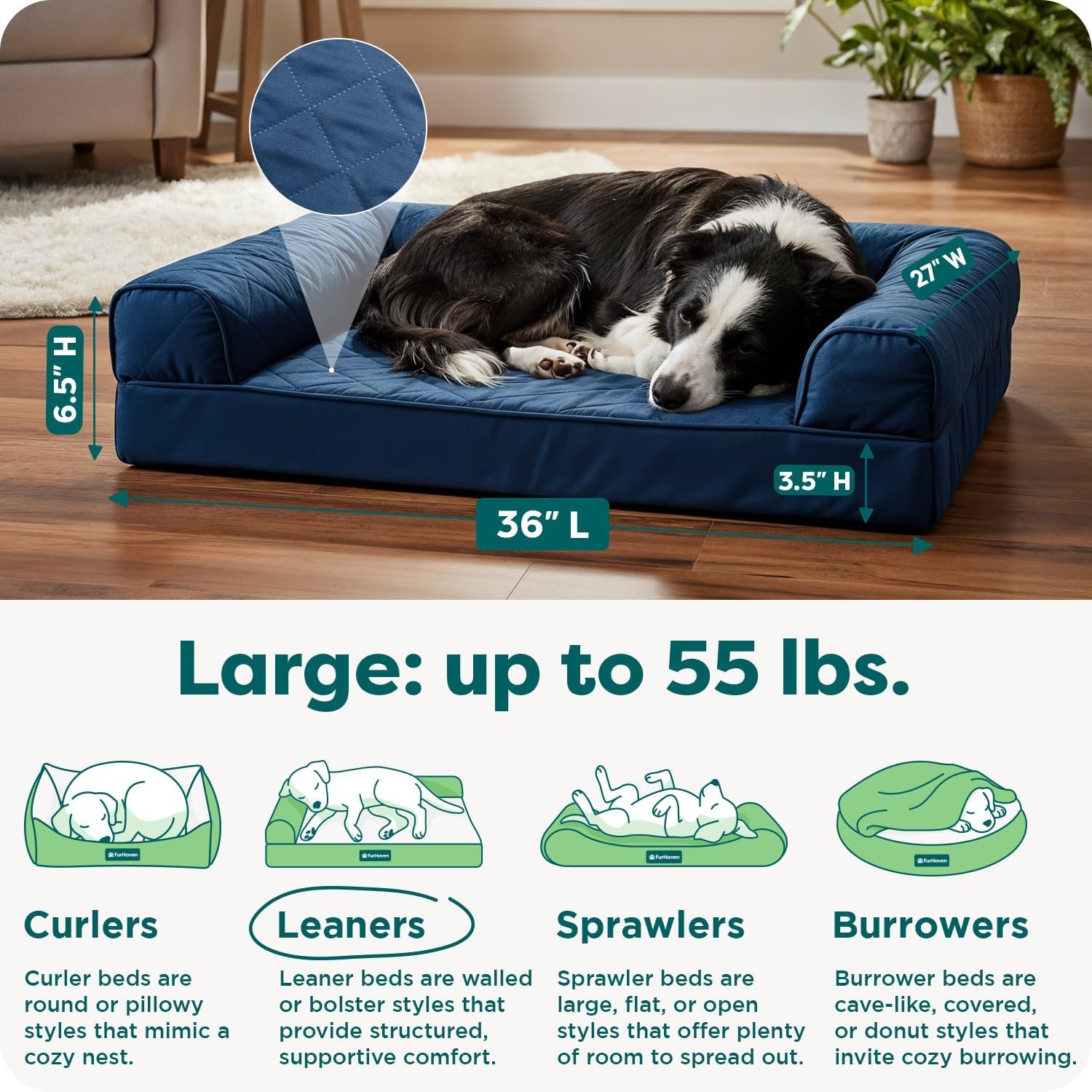 image:imageFurhaven Orthopedic Dog Bed for Large Dogs w Removable Bolsters amp Washable Cover For Dogs Up to 95 lbs Quilted Sofa Navy Blue JumboXLNavy Blue