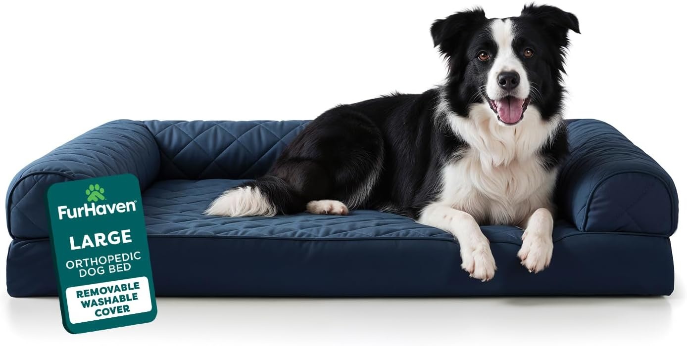 image:imageFurhaven Orthopedic Dog Bed for Large Dogs w Removable Bolsters amp Washable Cover For Dogs Up to 95 lbs Quilted Sofa Navy Blue JumboXLNavy Blue