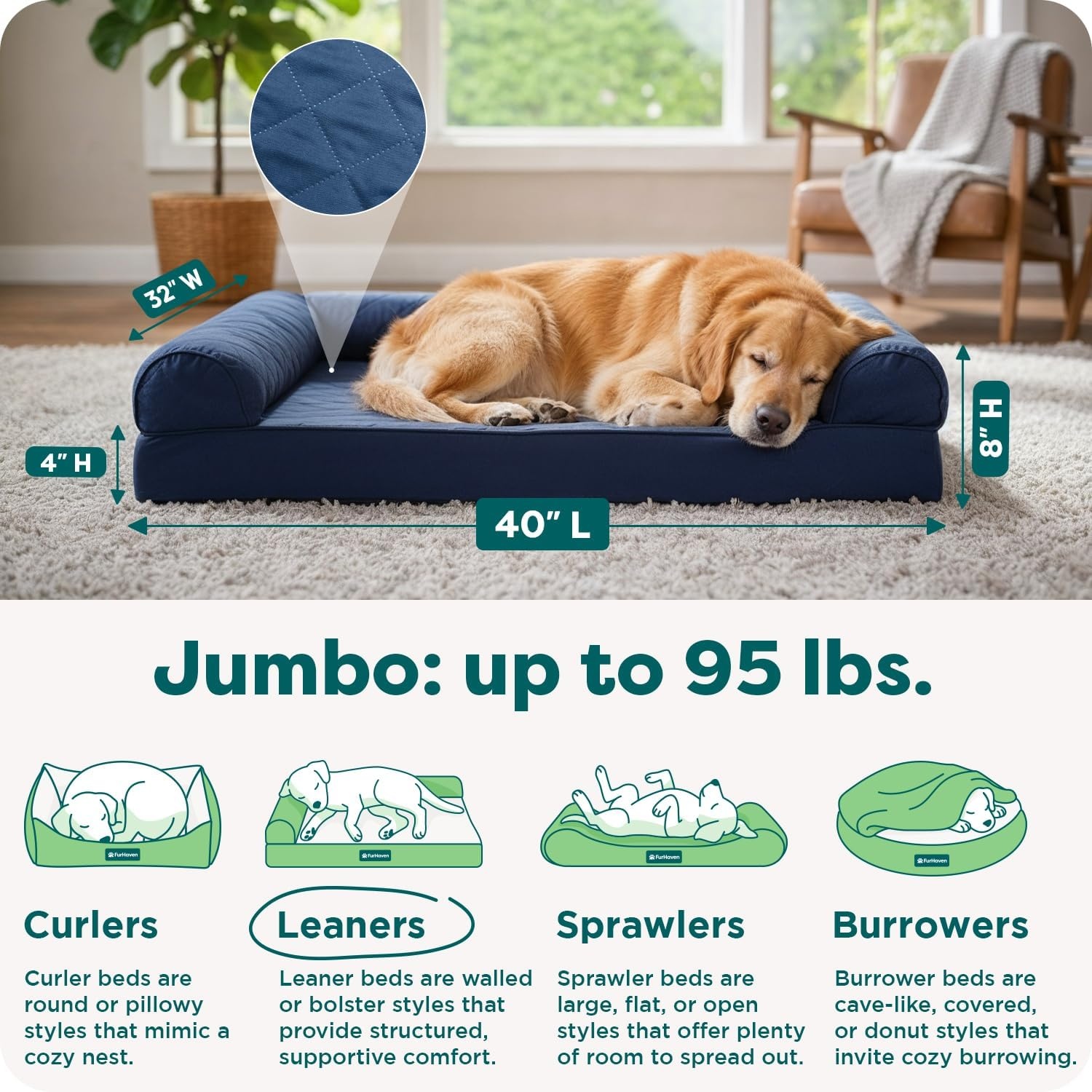 image:imageFurhaven Orthopedic Dog Bed for Large Dogs w Removable Bolsters amp Washable Cover For Dogs Up to 95 lbs Quilted Sofa Navy Blue JumboXLNavy Blue