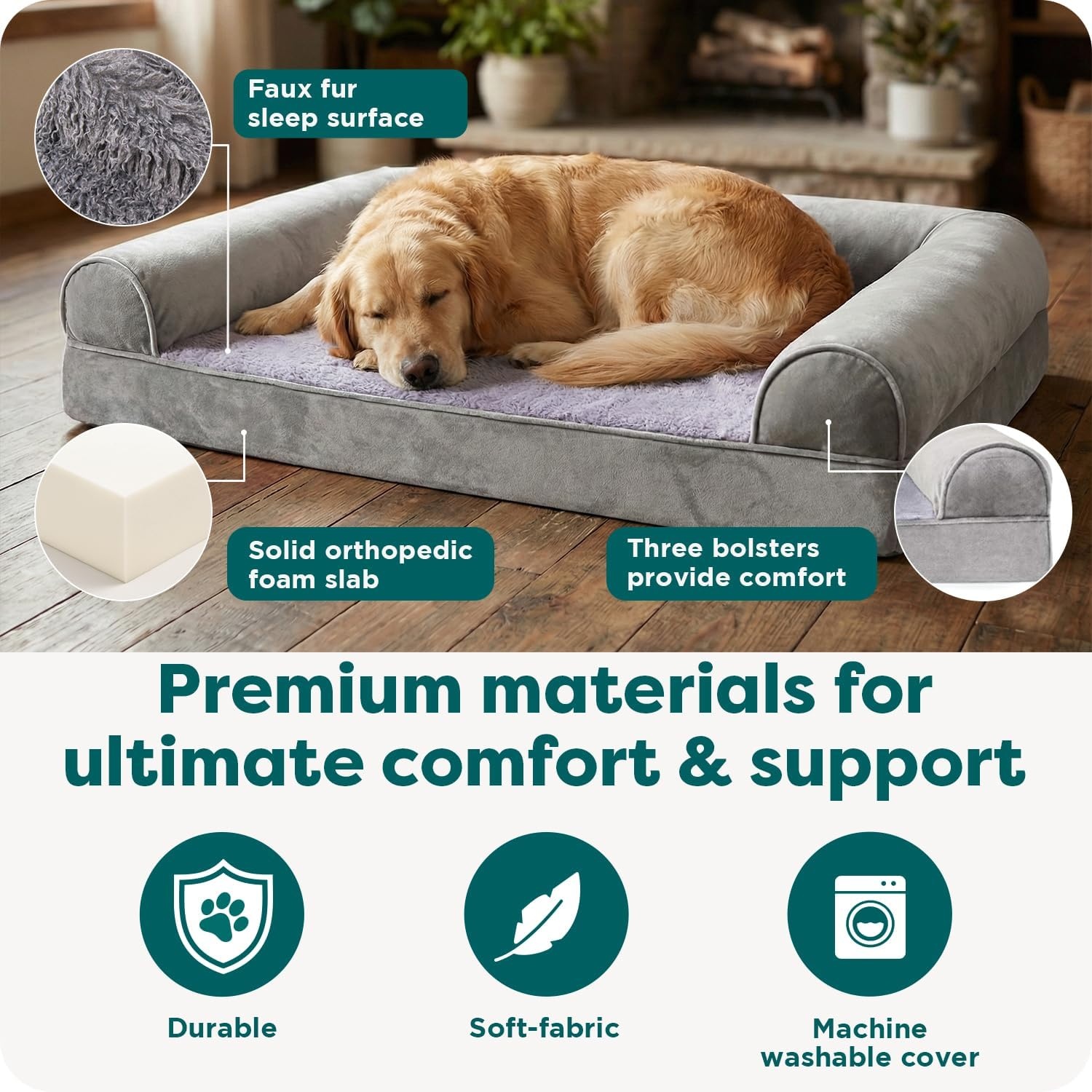 image:imageFurhaven Orthopedic Dog Bed for Large Dogs w Removable Bolsters amp Washable Cover For Dogs Up to 95 lbs Quilted Sofa Navy Blue JumboXLSmoke Gray
