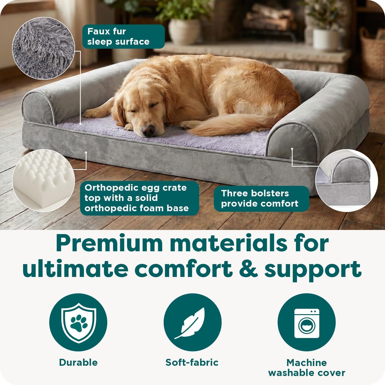 image:imageFurhaven Orthopedic Dog Bed for Large Dogs w Removable Bolsters amp Washable Cover For Dogs Up to 95 lbs Quilted Sofa Navy Blue JumboXLSmoke Gray