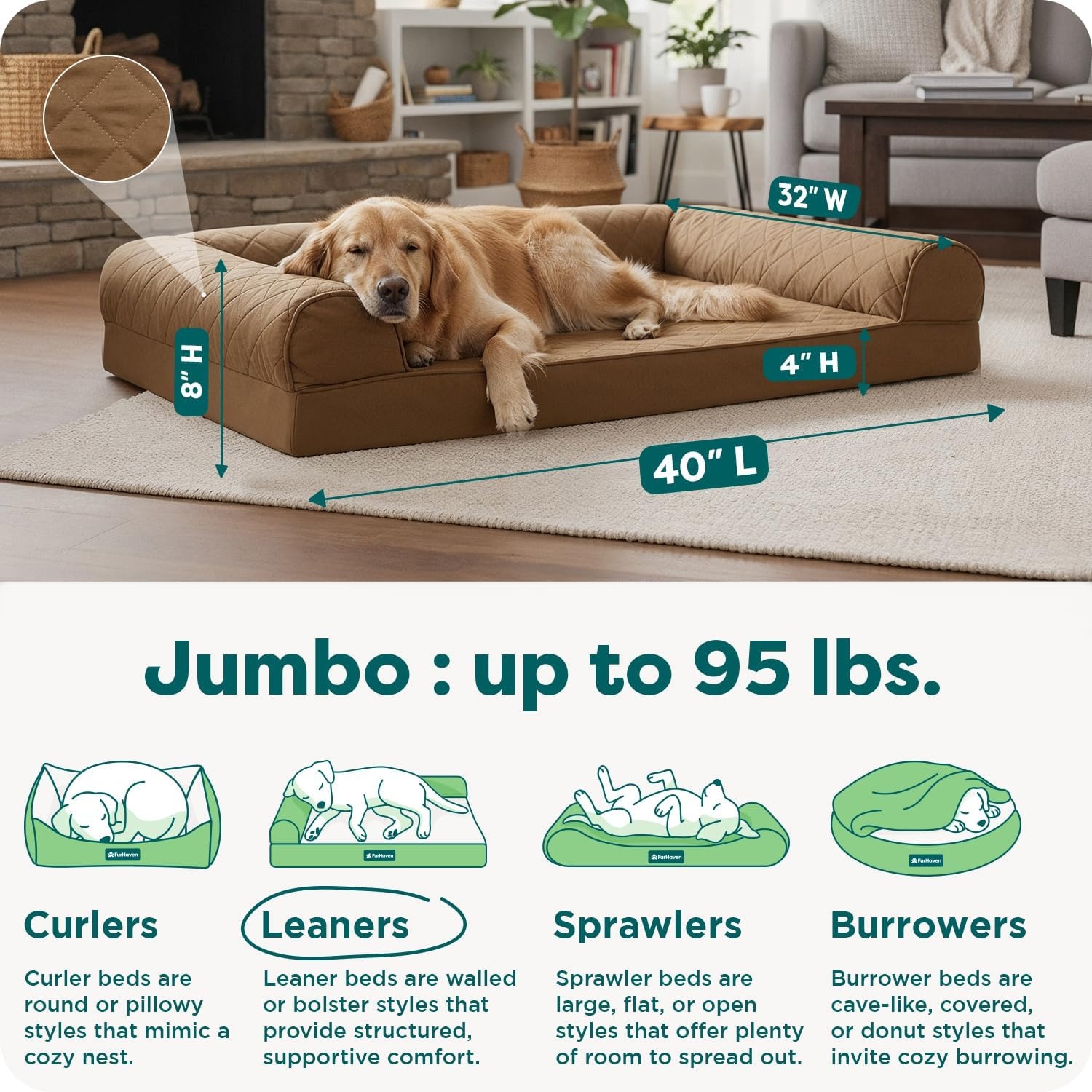 image:imageFurhaven Orthopedic Dog Bed for Large Dogs w Removable Bolsters amp Washable Cover For Dogs Up to 95 lbs Quilted Sofa Navy Blue JumboXLToasted Brown