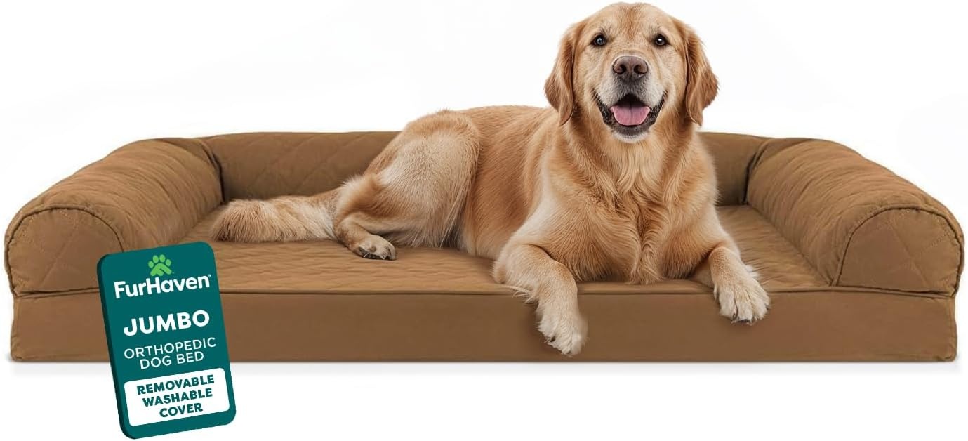 image:imageFurhaven Orthopedic Dog Bed for Large Dogs w Removable Bolsters amp Washable Cover For Dogs Up to 95 lbs Quilted Sofa Navy Blue JumboXLToasted Brown