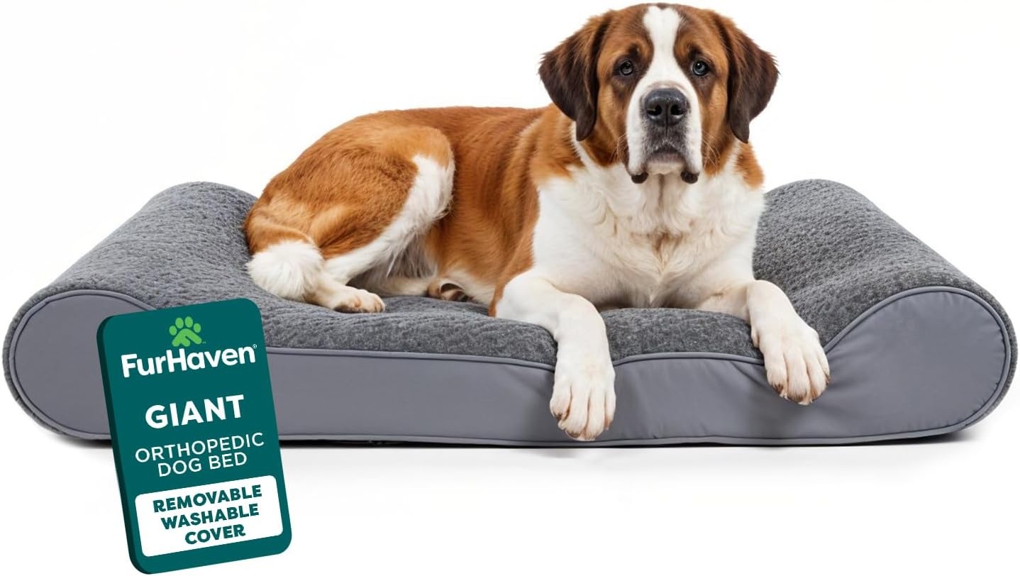 image:imageFurhaven Orthopedic Dog Bed for Large Dogs w Removable Washable Cover For Dogs Up to 150 lbs Ultra Plush Faux Fur amp Suede Luxe Lounger Contour Mattress Gray Jumbo PlusXXLGray