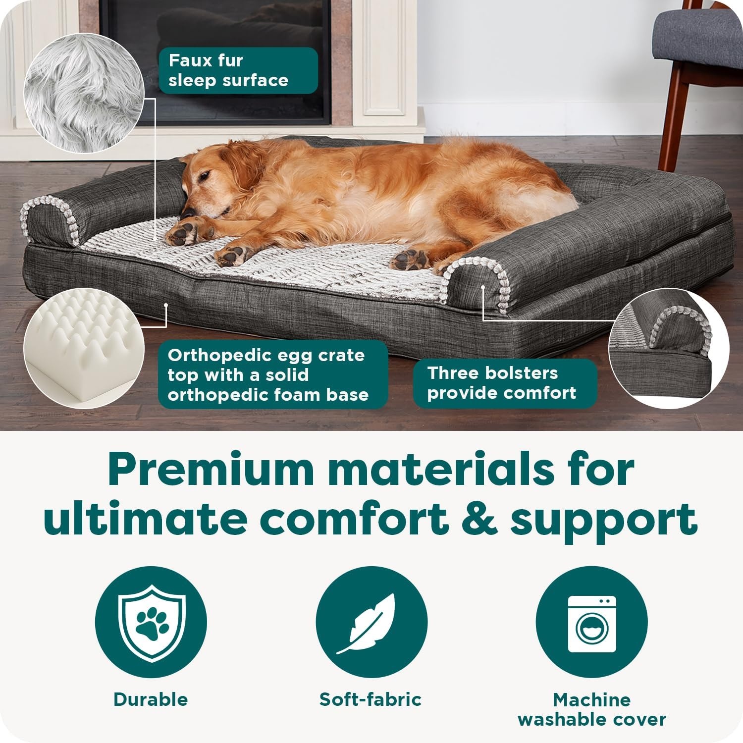 image:imageFurhaven Orthopedic Dog Bed for LargeMedium Dogs w Removable Bolsters amp Washable Cover For Dogs Up to 55 lbs Plush amp Suede Sofa Gray LargeCharcoal
