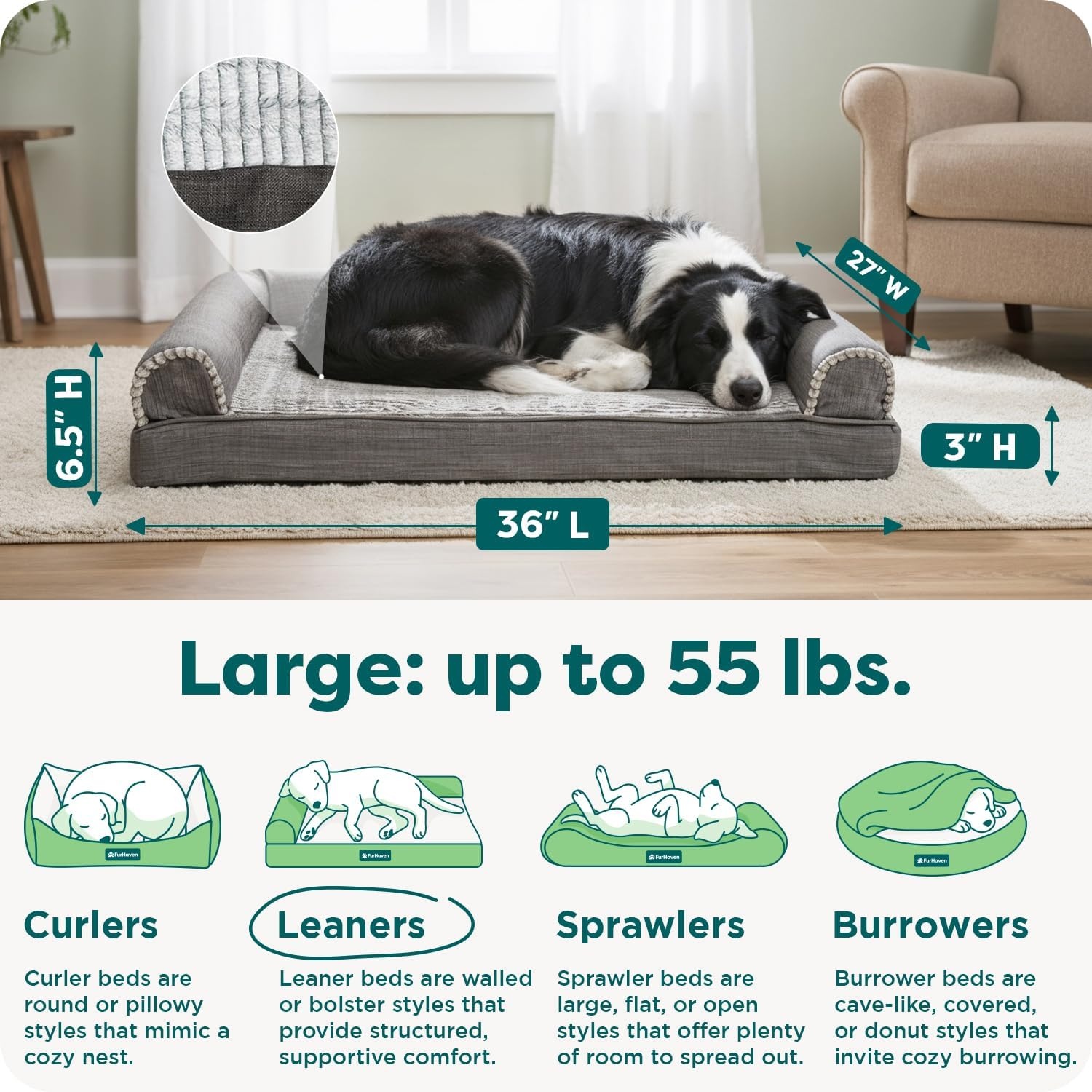 image:imageFurhaven Orthopedic Dog Bed for LargeMedium Dogs w Removable Bolsters amp Washable Cover For Dogs Up to 55 lbs Plush amp Suede Sofa Gray LargeCharcoal