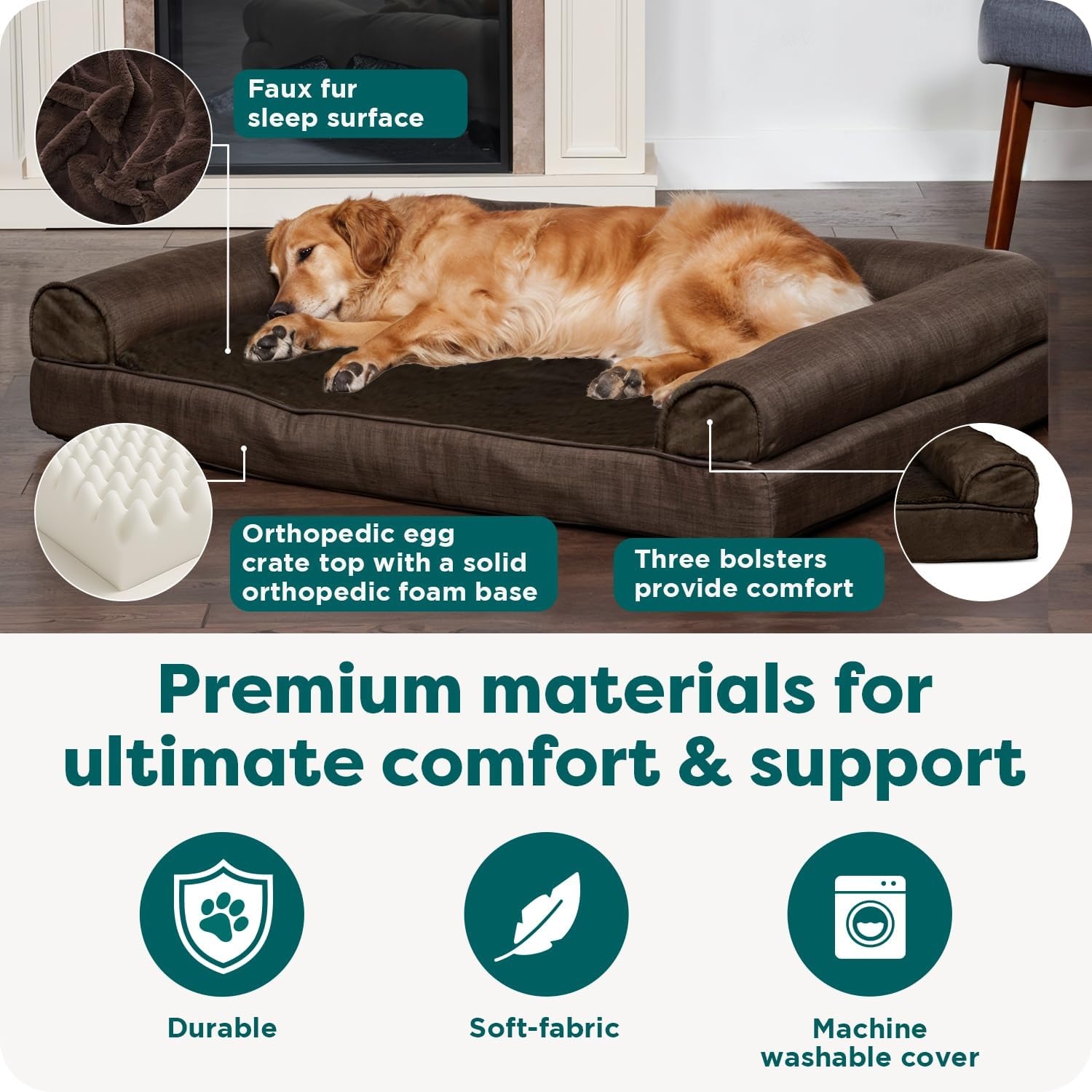 image:imageFurhaven Orthopedic Dog Bed for LargeMedium Dogs w Removable Bolsters amp Washable Cover For Dogs Up to 55 lbs Plush amp Suede Sofa Gray LargeEspresso