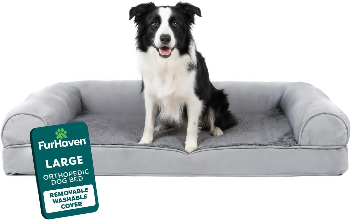 image:imageFurhaven Orthopedic Dog Bed for LargeMedium Dogs w Removable Bolsters amp Washable Cover For Dogs Up to 55 lbs Plush amp Suede Sofa Gray LargeGray
