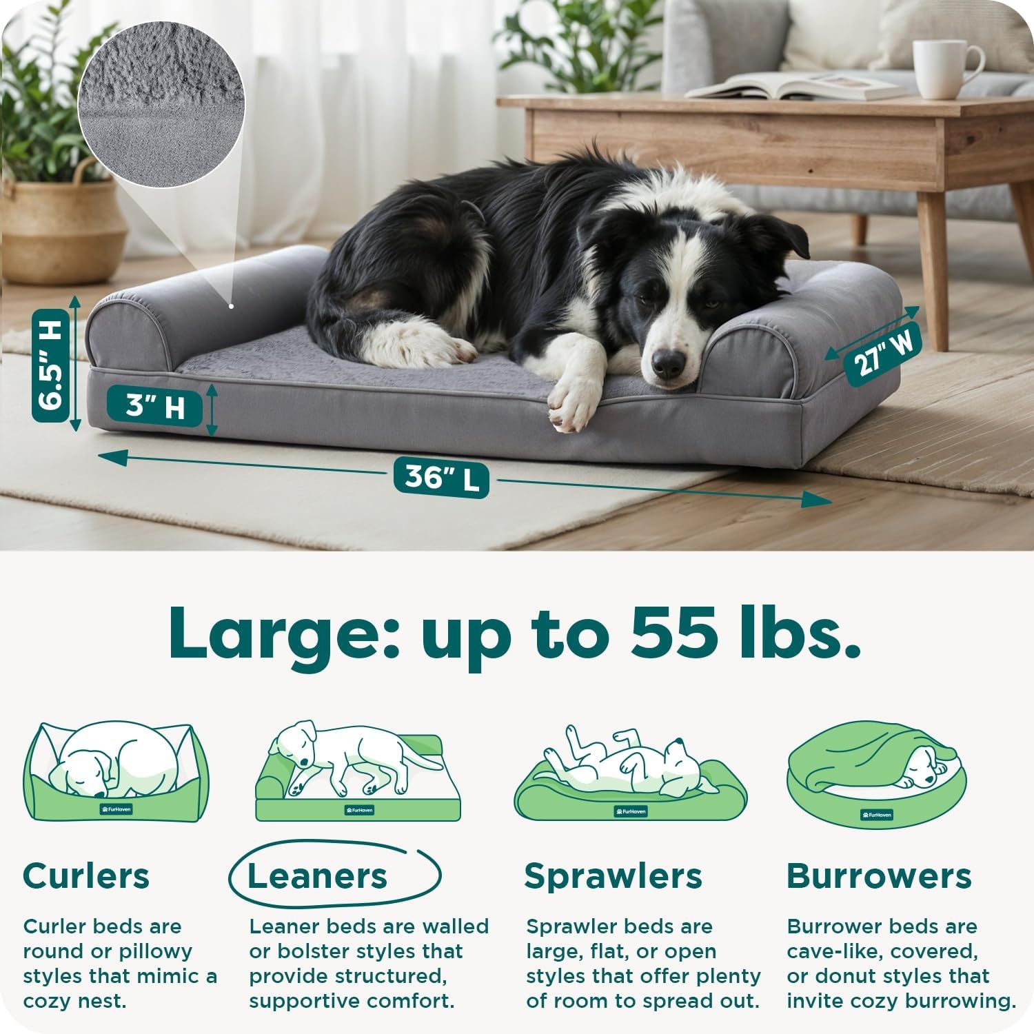 image:imageFurhaven Orthopedic Dog Bed for LargeMedium Dogs w Removable Bolsters amp Washable Cover For Dogs Up to 55 lbs Plush amp Suede Sofa Gray LargeGray