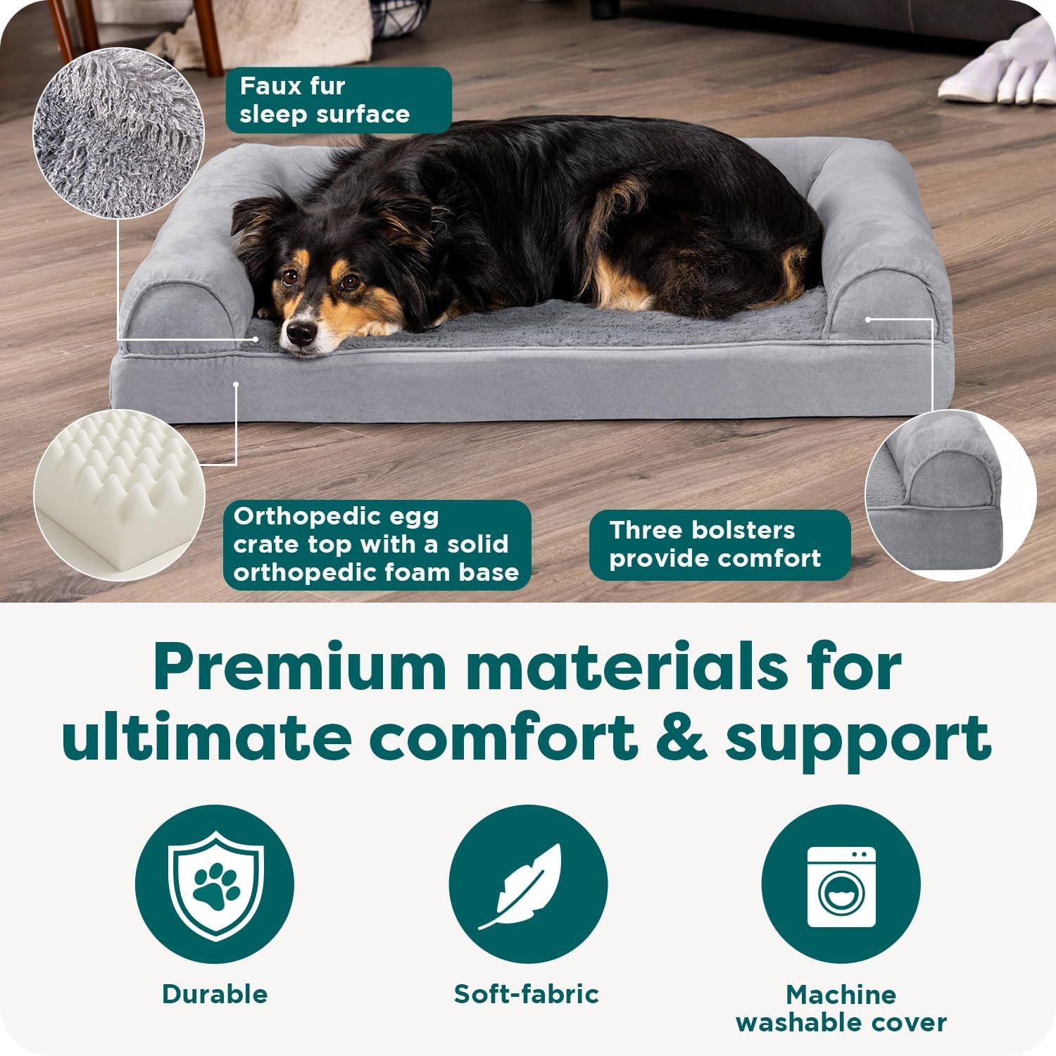 image:imageFurhaven Orthopedic Dog Bed for LargeMedium Dogs w Removable Bolsters amp Washable Cover For Dogs Up to 55 lbs Plush amp Suede Sofa Gray LargeGray