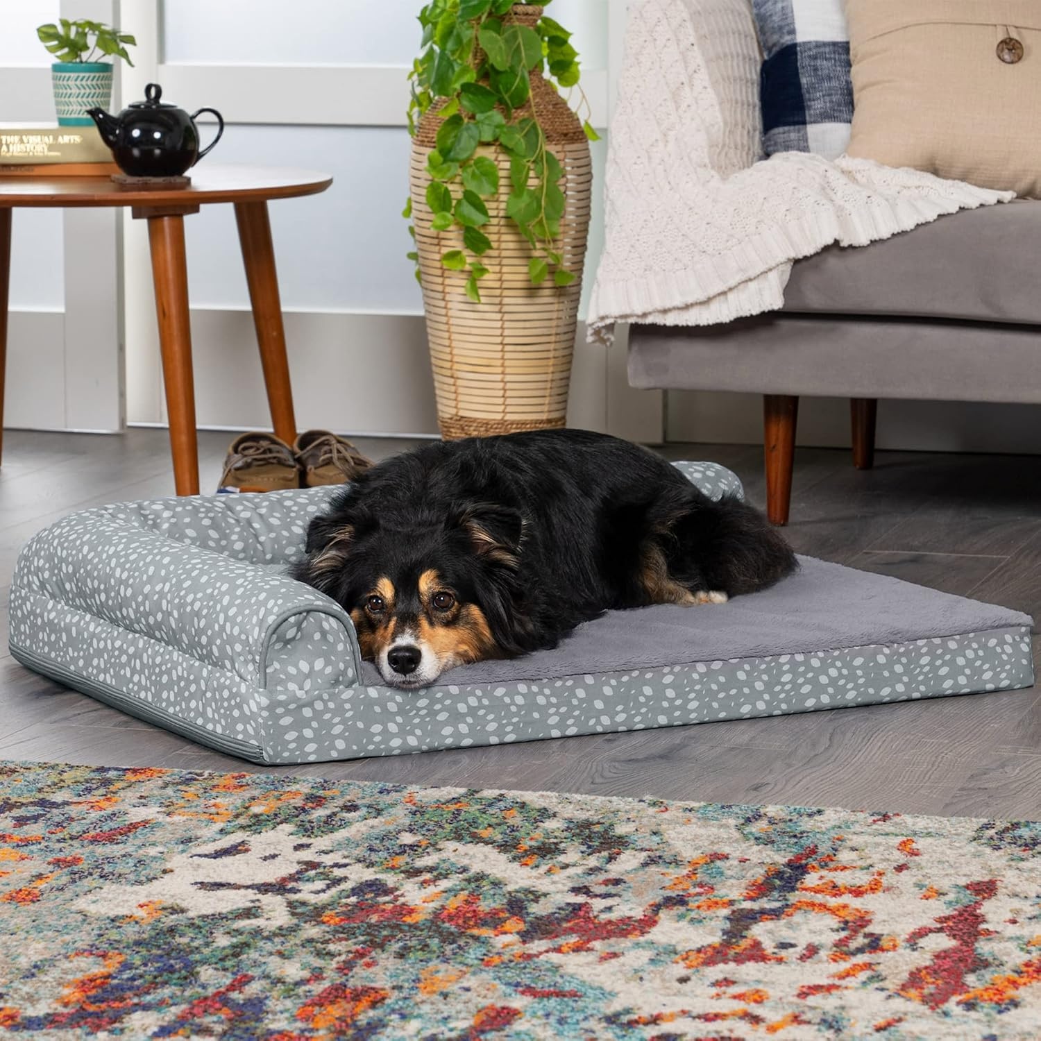 image:imageFurhaven Orthopedic Dog Bed for MediumSmall Dogs w Removable Bolsters amp Washable Cover For Dogs Up to 35 lbs TwoTone Plush Faux Fur amp Suede L Shaped Chaise Dark Sage MediumGray Almonds