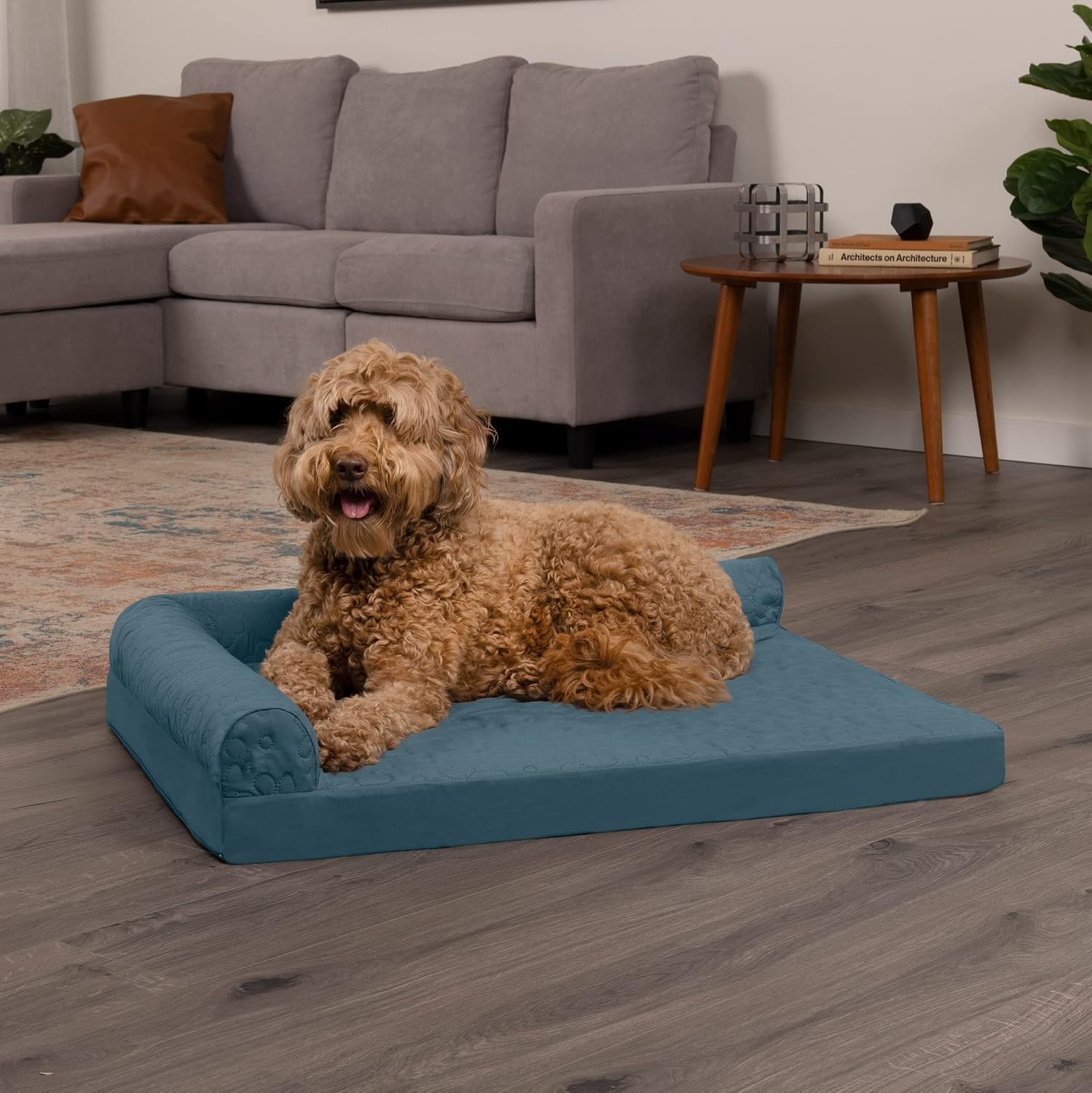 image:imageFurhaven Orthopedic Dog Bed for MediumSmall Dogs w Removable Bolsters amp Washable Cover For Dogs Up to 35 lbs TwoTone Plush Faux Fur amp Suede L Shaped Chaise Dark Sage MediumBluestone