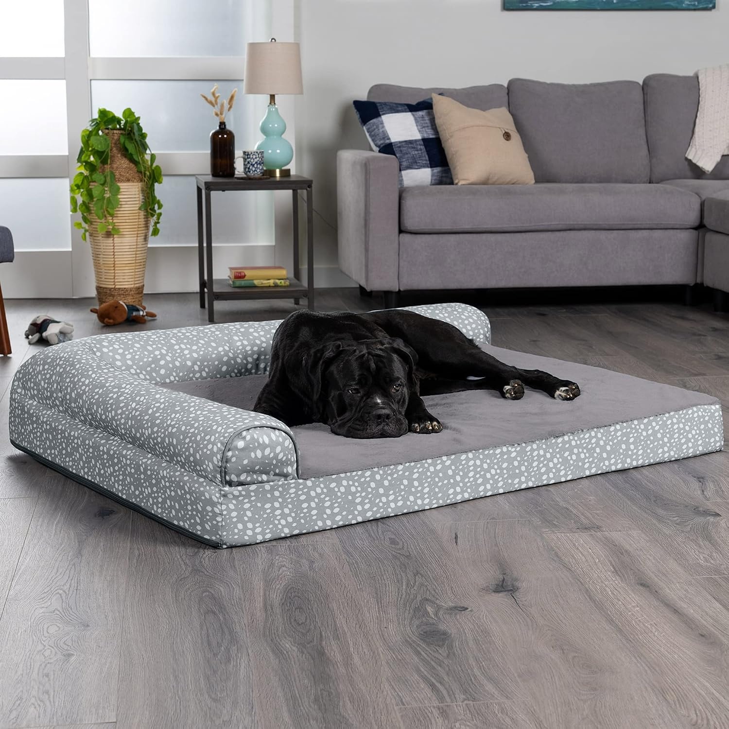 image:imageFurhaven Orthopedic Dog Bed for MediumSmall Dogs w Removable Bolsters amp Washable Cover For Dogs Up to 35 lbs TwoTone Plush Faux Fur amp Suede L Shaped Chaise Dark Sage MediumGray Almonds