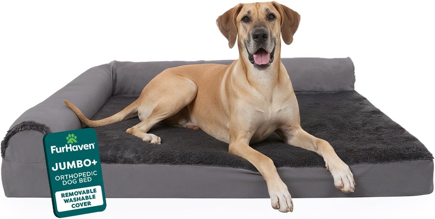 image:imageFurhaven Orthopedic Dog Bed for MediumSmall Dogs w Removable Bolsters amp Washable Cover For Dogs Up to 35 lbs TwoTone Plush Faux Fur amp Suede L Shaped Chaise Dark Sage MediumPlatinum Gray