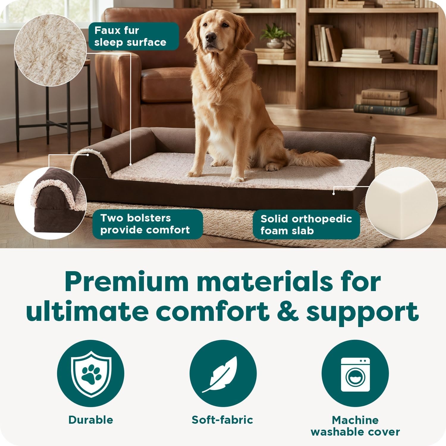 image:imageFurhaven Orthopedic Dog Bed for MediumSmall Dogs w Removable Bolsters amp Washable Cover For Dogs Up to 35 lbs TwoTone Plush Faux Fur amp Suede L Shaped Chaise Dark Sage MediumPlatinum Gray