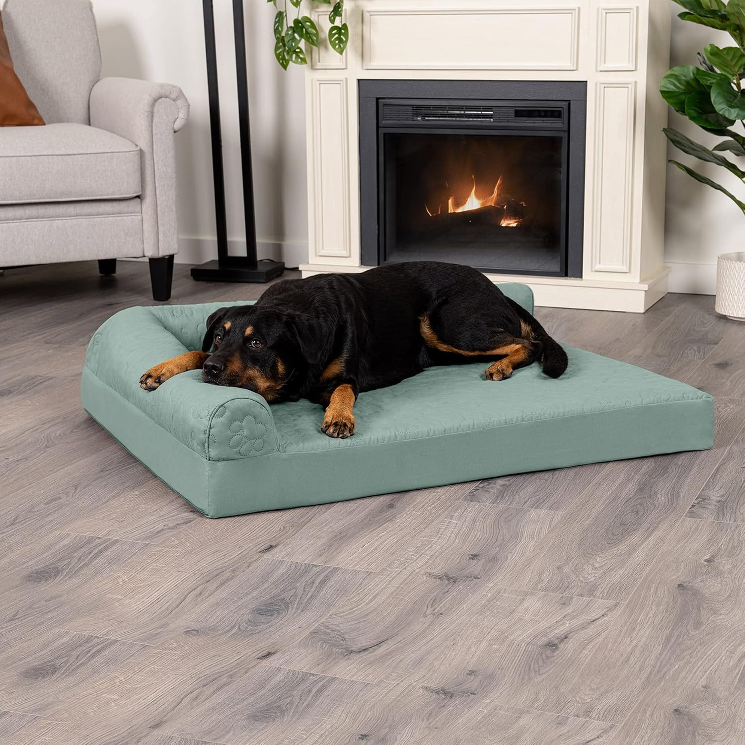 image:imageFurhaven Orthopedic Dog Bed for MediumSmall Dogs w Removable Bolsters amp Washable Cover For Dogs Up to 35 lbs TwoTone Plush Faux Fur amp Suede L Shaped Chaise Dark Sage MediumIceberg Green