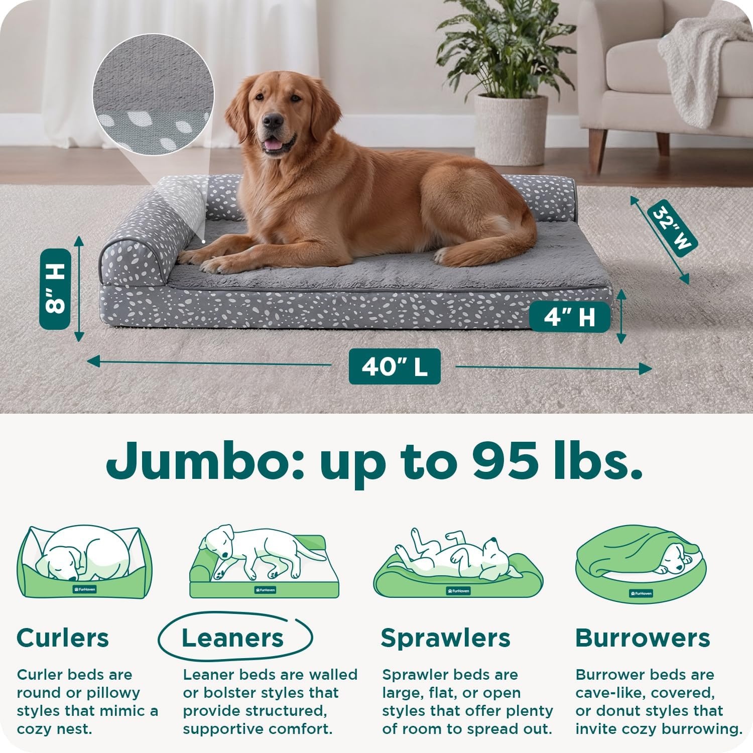 image:imageFurhaven Orthopedic Dog Bed for MediumSmall Dogs w Removable Bolsters amp Washable Cover For Dogs Up to 35 lbs TwoTone Plush Faux Fur amp Suede L Shaped Chaise Dark Sage MediumGray Almonds