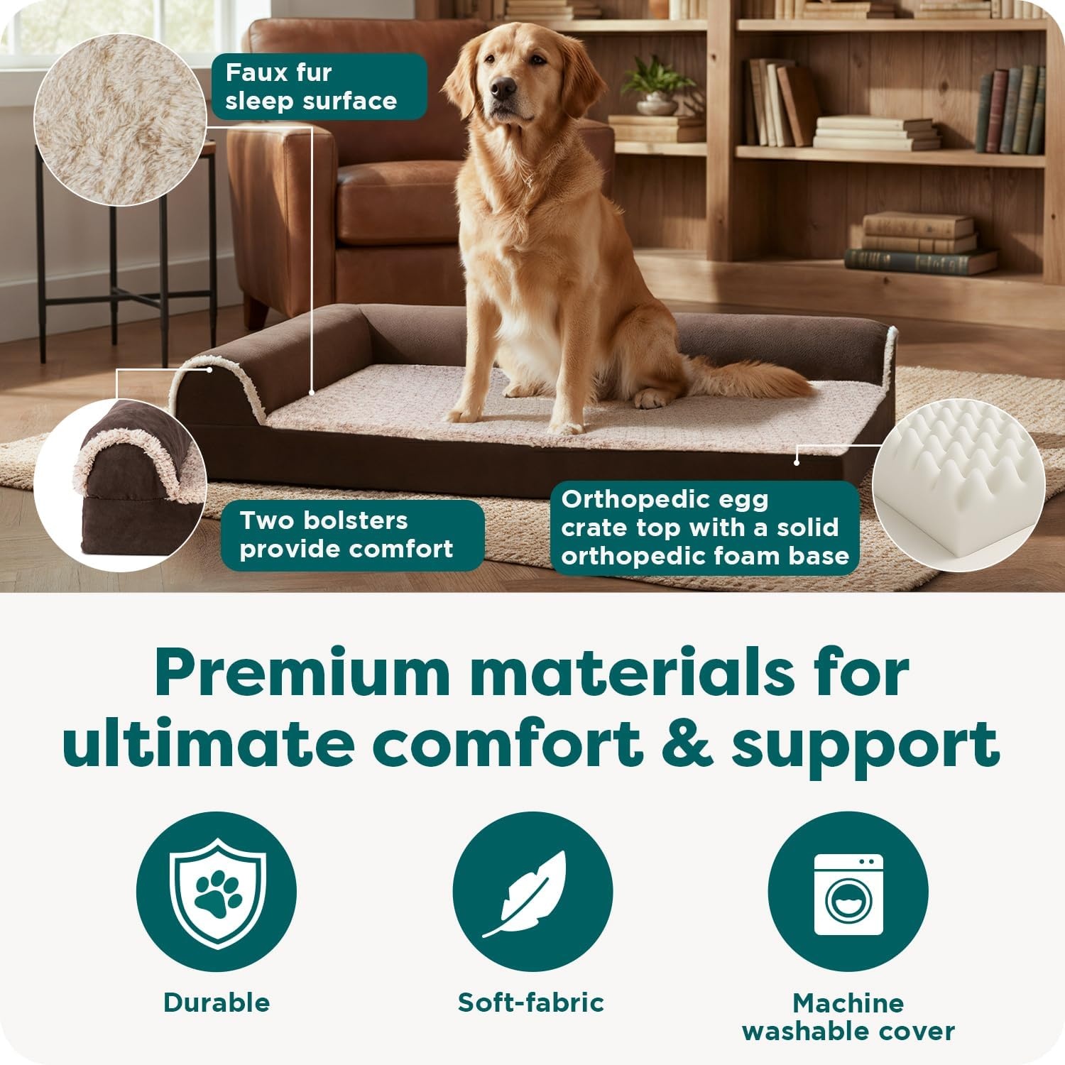 image:imageFurhaven Orthopedic Dog Bed for MediumSmall Dogs w Removable Bolsters amp Washable Cover For Dogs Up to 35 lbs TwoTone Plush Faux Fur amp Suede L Shaped Chaise Dark Sage MediumBlue Almonds