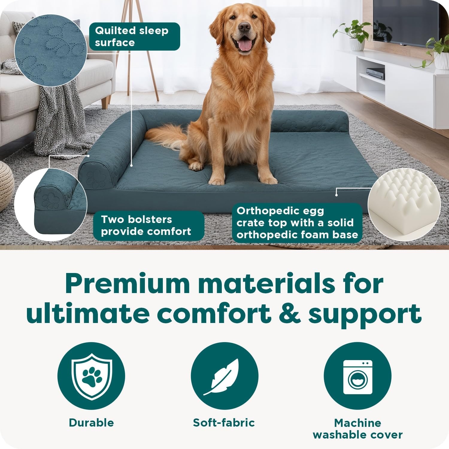 image:imageFurhaven Orthopedic Dog Bed for MediumSmall Dogs w Removable Bolsters amp Washable Cover For Dogs Up to 35 lbs TwoTone Plush Faux Fur amp Suede L Shaped Chaise Dark Sage MediumBluestone