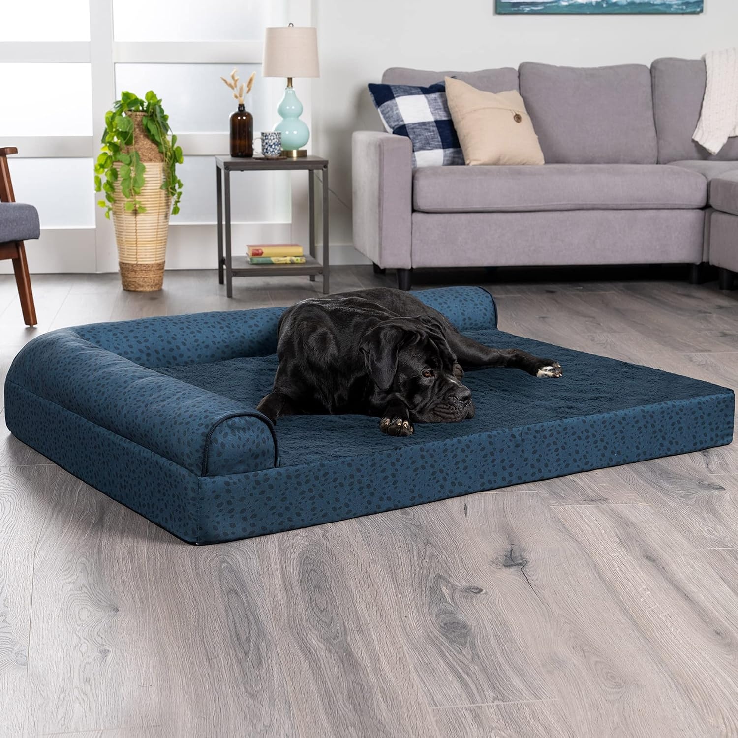 image:imageFurhaven Orthopedic Dog Bed for MediumSmall Dogs w Removable Bolsters amp Washable Cover For Dogs Up to 35 lbs TwoTone Plush Faux Fur amp Suede L Shaped Chaise Dark Sage MediumBlue Almonds