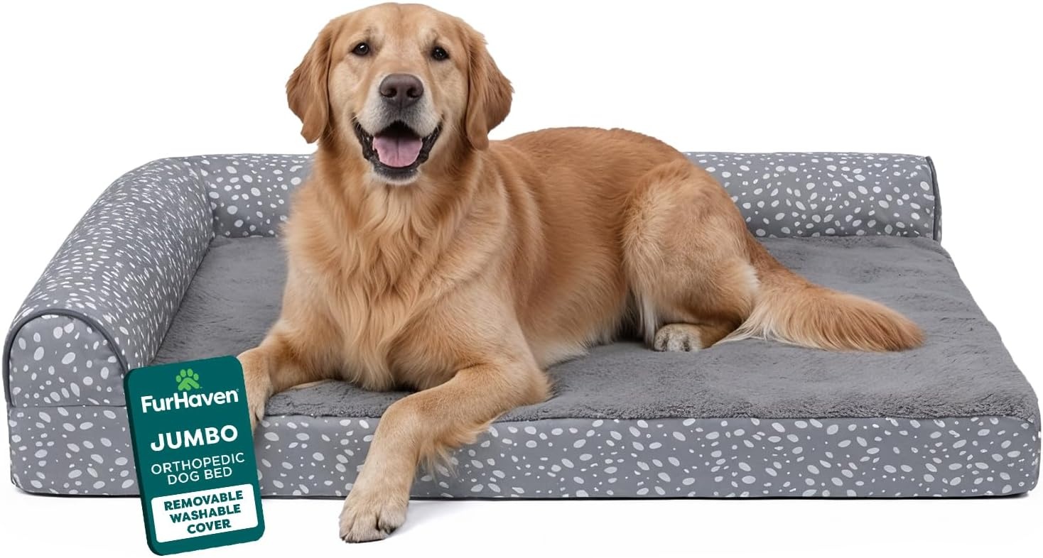 image:imageFurhaven Orthopedic Dog Bed for MediumSmall Dogs w Removable Bolsters amp Washable Cover For Dogs Up to 35 lbs TwoTone Plush Faux Fur amp Suede L Shaped Chaise Dark Sage MediumGray Almonds