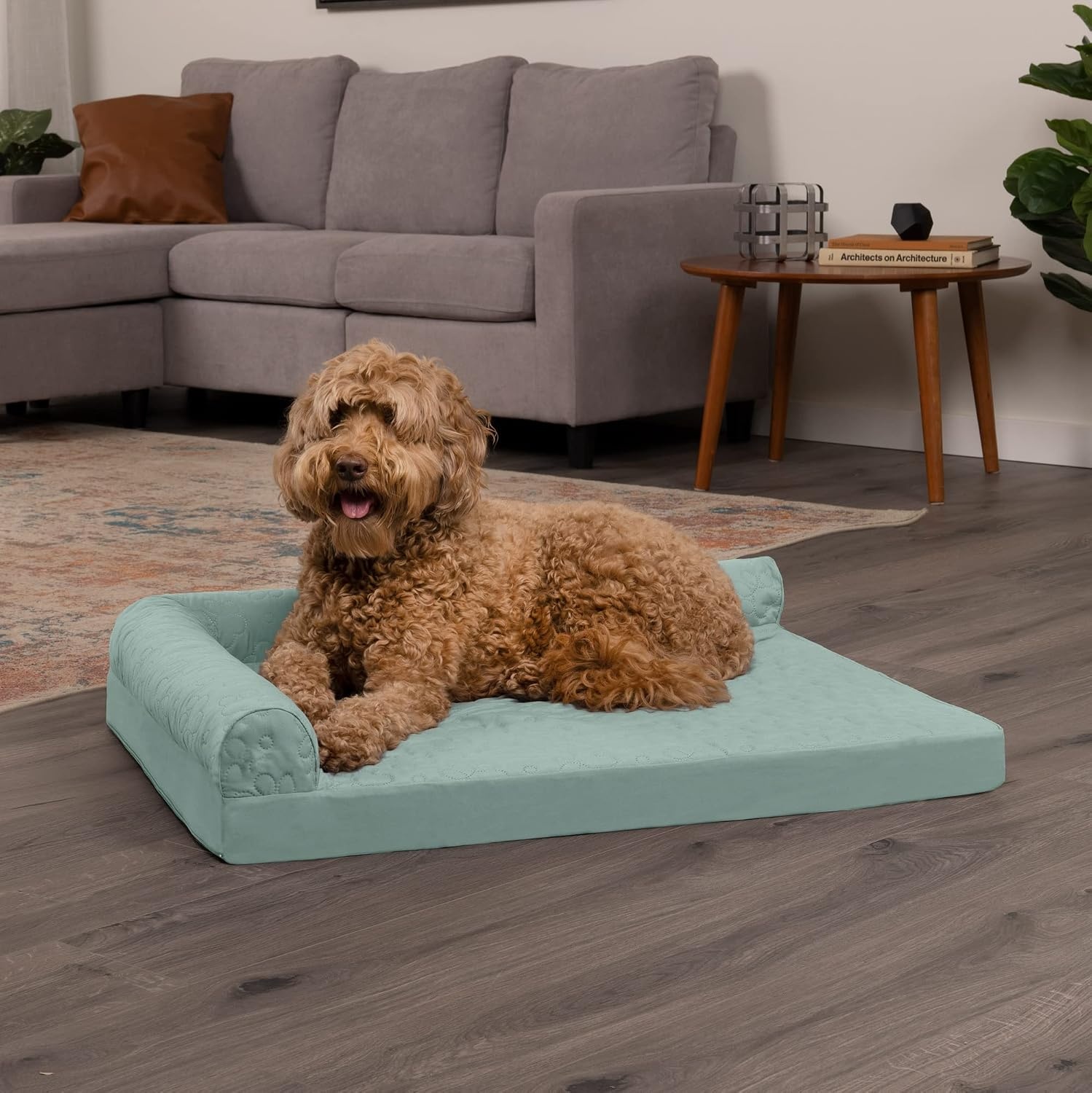 image:imageFurhaven Orthopedic Dog Bed for MediumSmall Dogs w Removable Bolsters amp Washable Cover For Dogs Up to 35 lbs TwoTone Plush Faux Fur amp Suede L Shaped Chaise Dark Sage MediumIceberg Green