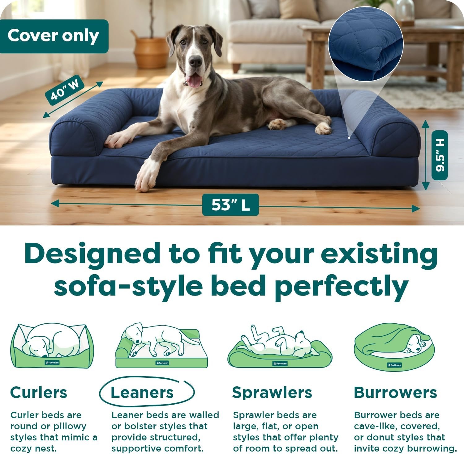 image:imageFurhaven Replacement Dog Bed Cover Quilted SofaStyle Machine Washable Iron Gray Jumbo XLargeNavy