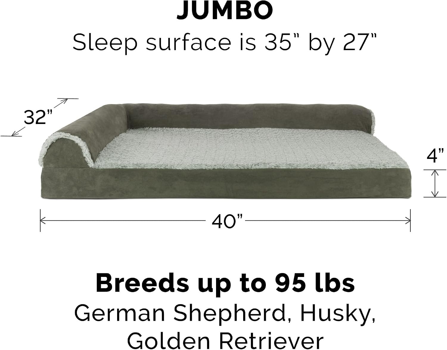 image:imageFurhaven Replacement Dog Bed Cover TwoTone Faux Fur amp Suede L Shaped Chaise Machine Washable Stone Gray Jumbo XLargeDark Sage