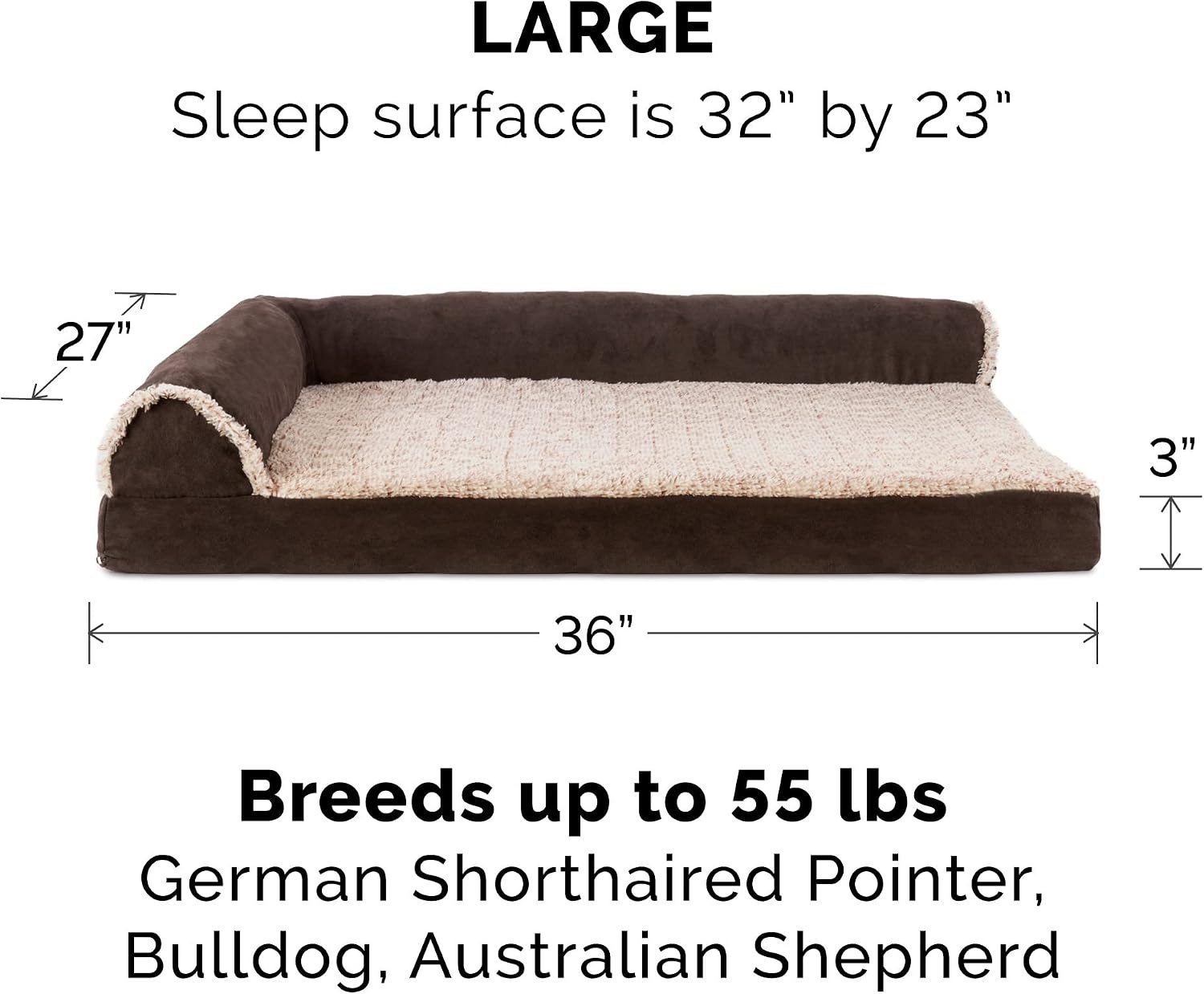 image:imageFurhaven Replacement Dog Bed Cover TwoTone Faux Fur amp Suede L Shaped Chaise Machine Washable Stone Gray Jumbo XLargeEspresso