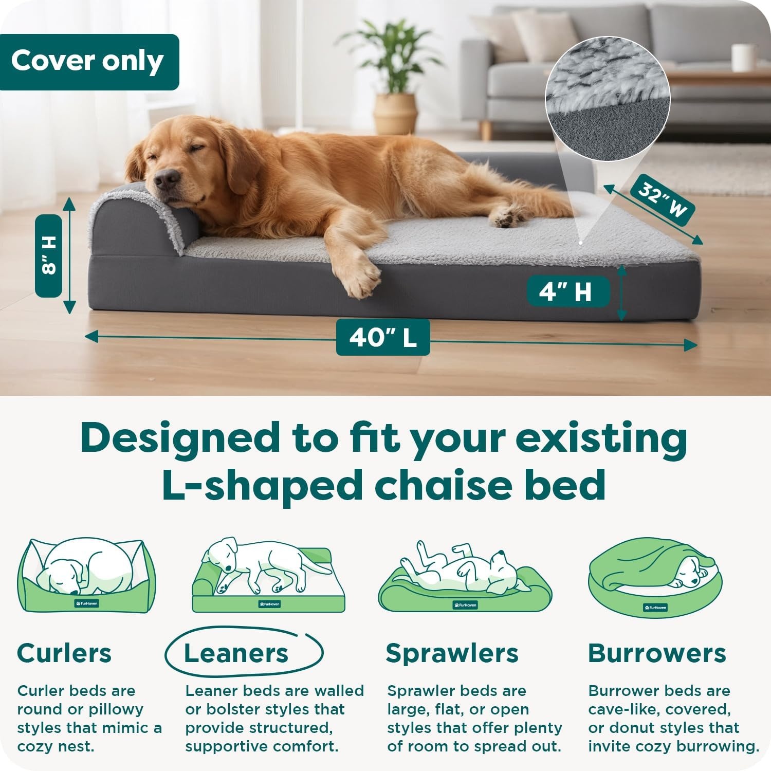image:imageFurhaven Replacement Dog Bed Cover TwoTone Faux Fur amp Suede L Shaped Chaise Machine Washable Stone Gray Jumbo XLargeStone Gray