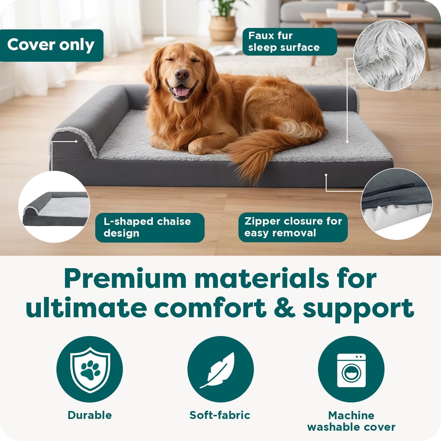 image:imageFurhaven Replacement Dog Bed Cover TwoTone Faux Fur amp Suede L Shaped Chaise Machine Washable Stone Gray Jumbo XLargeStone Gray