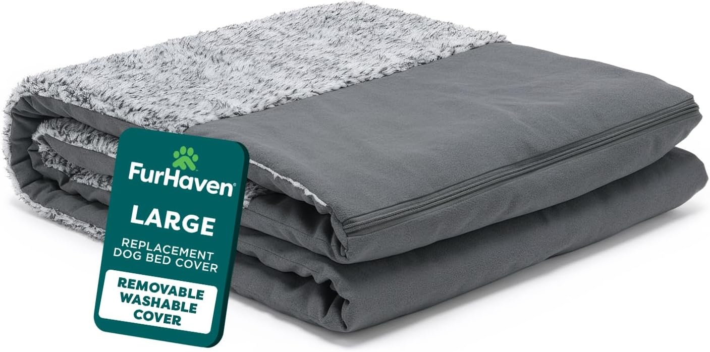 image:imageFurhaven Replacement Dog Bed Cover TwoTone Faux Fur amp Suede L Shaped Chaise Machine Washable Stone Gray Jumbo XLargeStone Gray