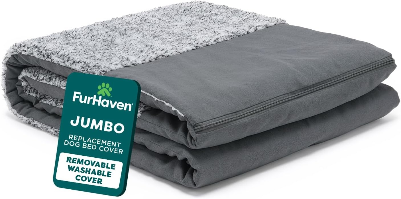 image:imageFurhaven Replacement Dog Bed Cover TwoTone Faux Fur amp Suede L Shaped Chaise Machine Washable Stone Gray Jumbo XLargeStone Gray