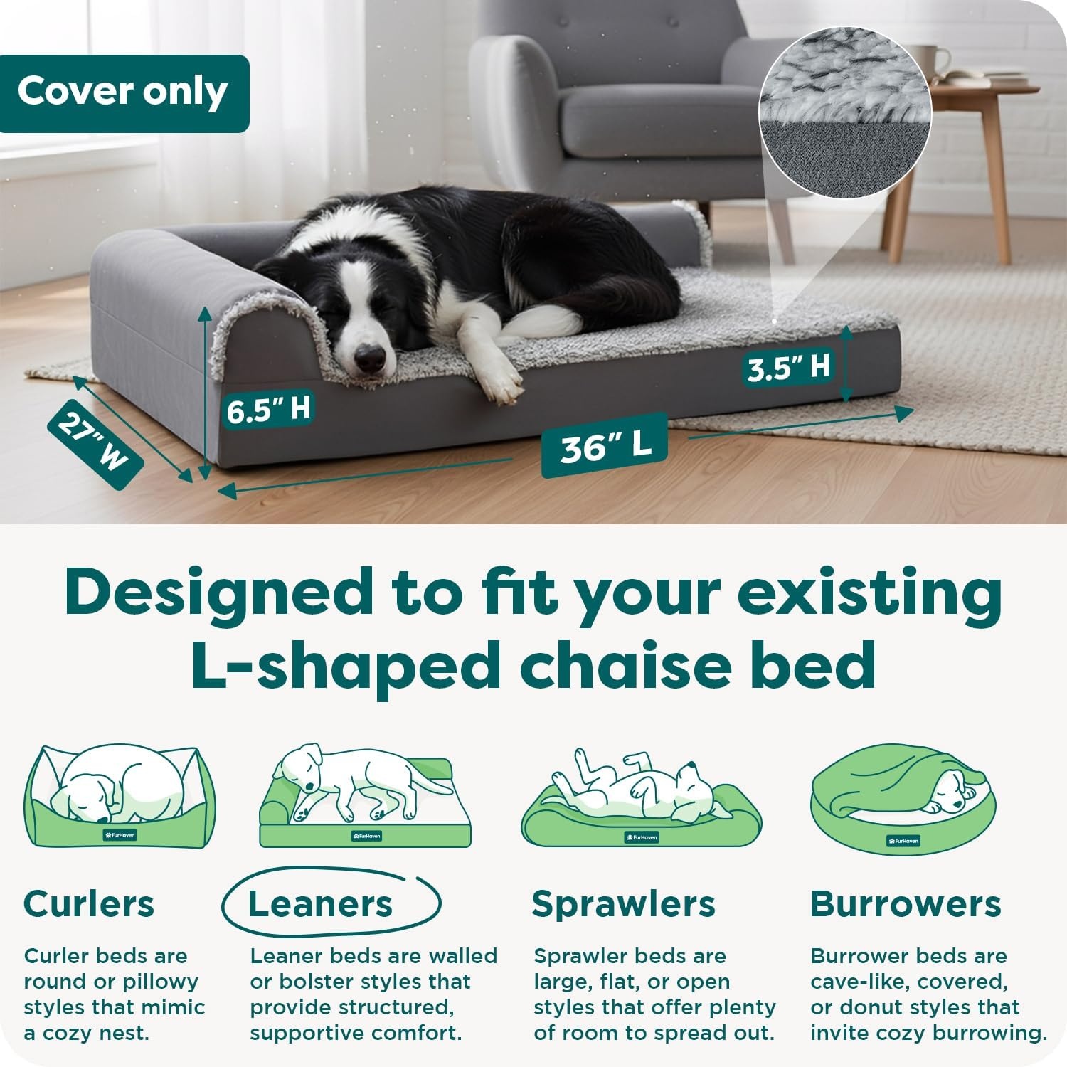 image:imageFurhaven Replacement Dog Bed Cover TwoTone Faux Fur amp Suede L Shaped Chaise Machine Washable Stone Gray Jumbo XLargeStone Gray