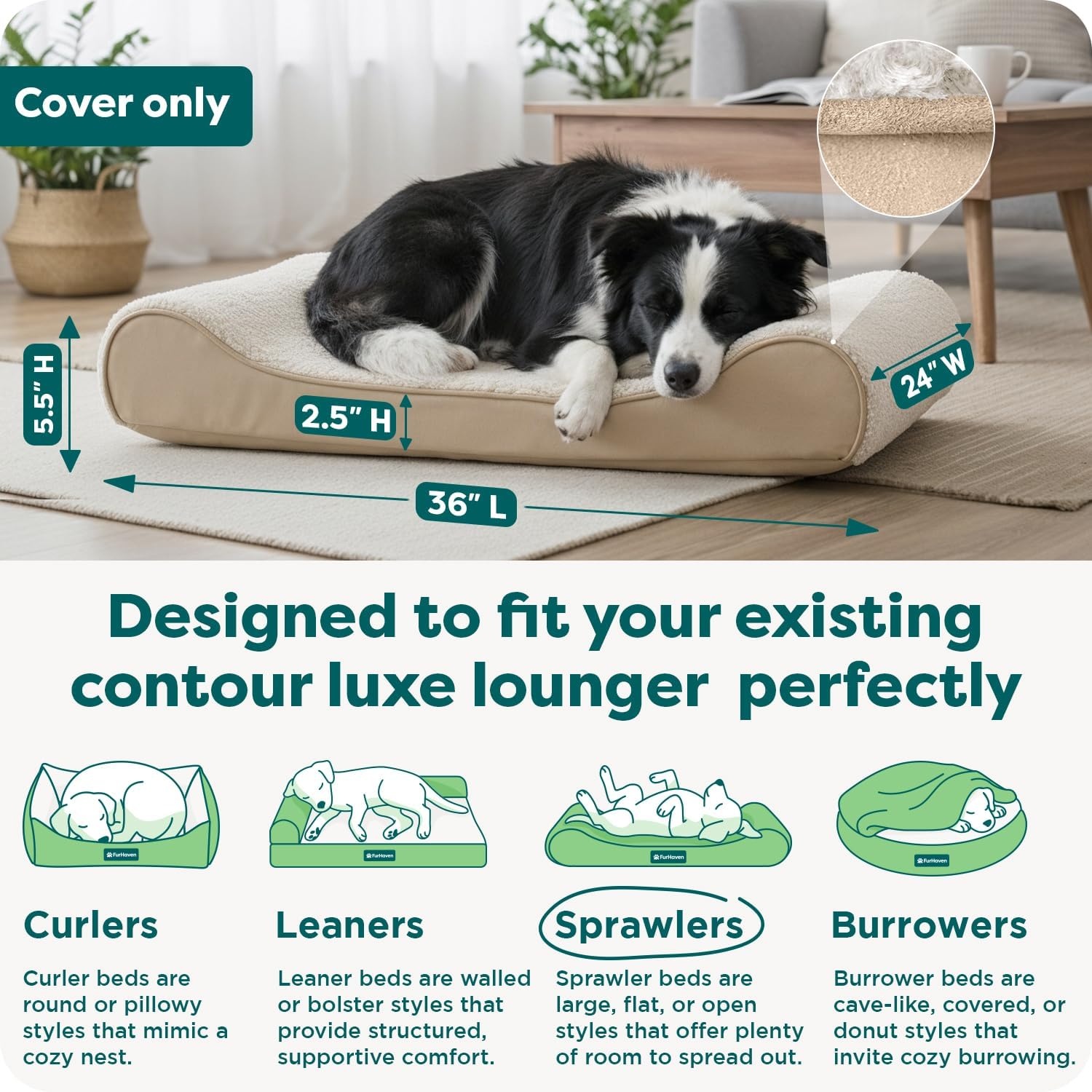 image:imageFurhaven Replacement Dog Bed Cover Ultra Plush Faux Fur amp Suede Contour Luxe Lounger Machine Washable Chocolate LargeUltra Plush Cream
