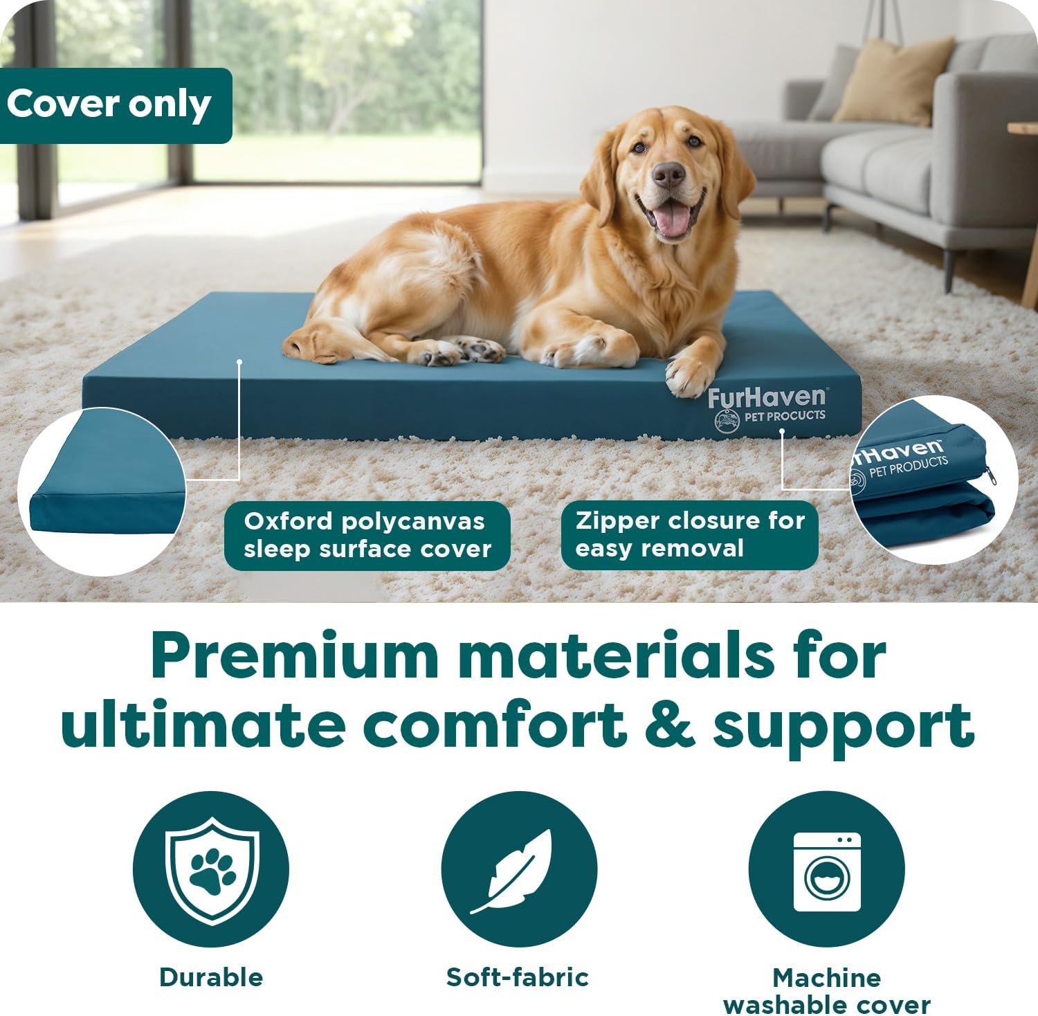 image:imageFurhaven Replacement Dog Bed Cover WaterResistant IndoorOutdoor Logo Print Oxford Polycanvas Mattress Washable Deep Lagoon Jumbo XLargeDeep Lagoon